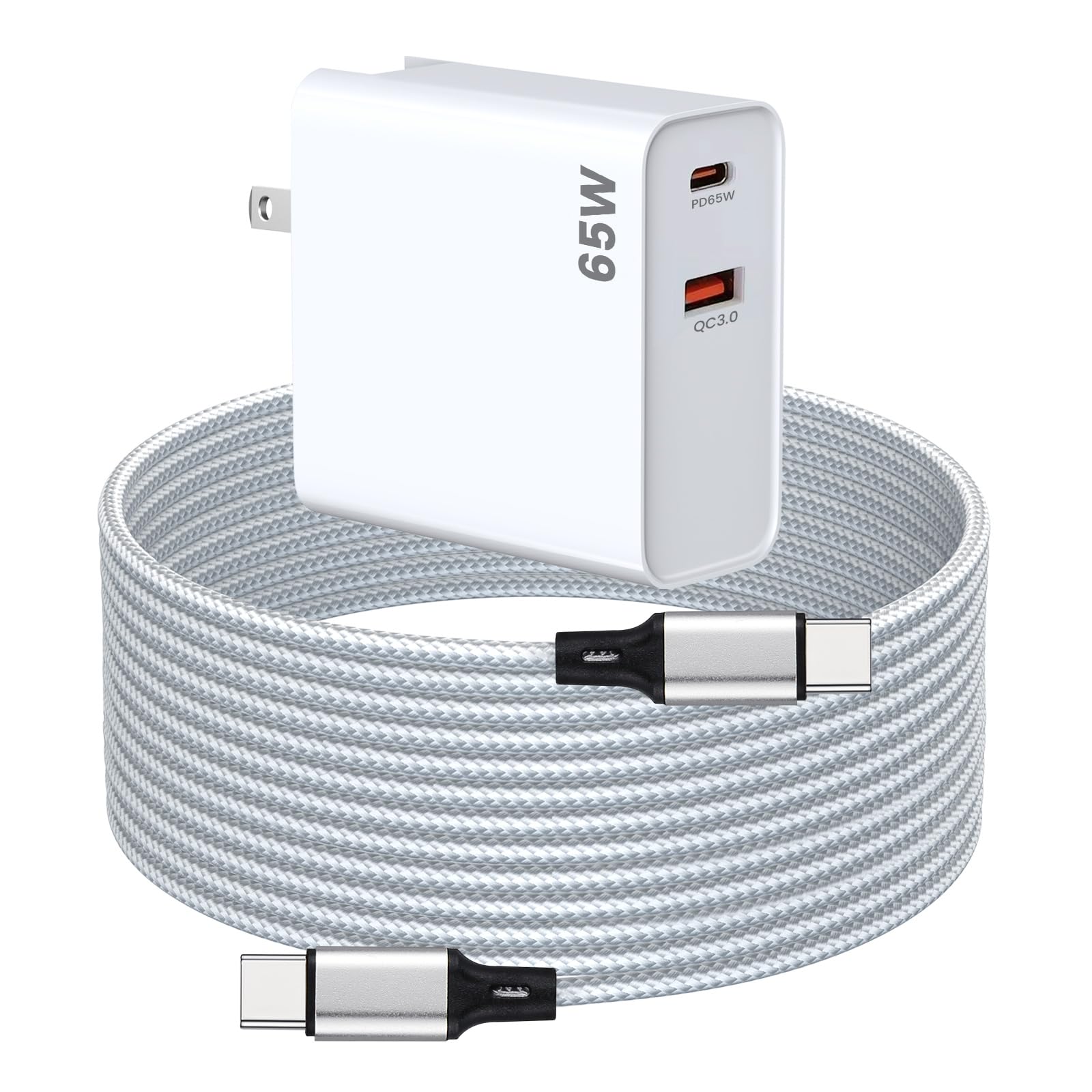 PD 65W USB C Super Fast Charger Compatible with Oculus Quest 3s, Quest 3 - Dual Port USB + Type C Adapter with 6.6ft C to C Charging Cable for Meta Quest 2 and Pico 4 Ultra VR Headsets