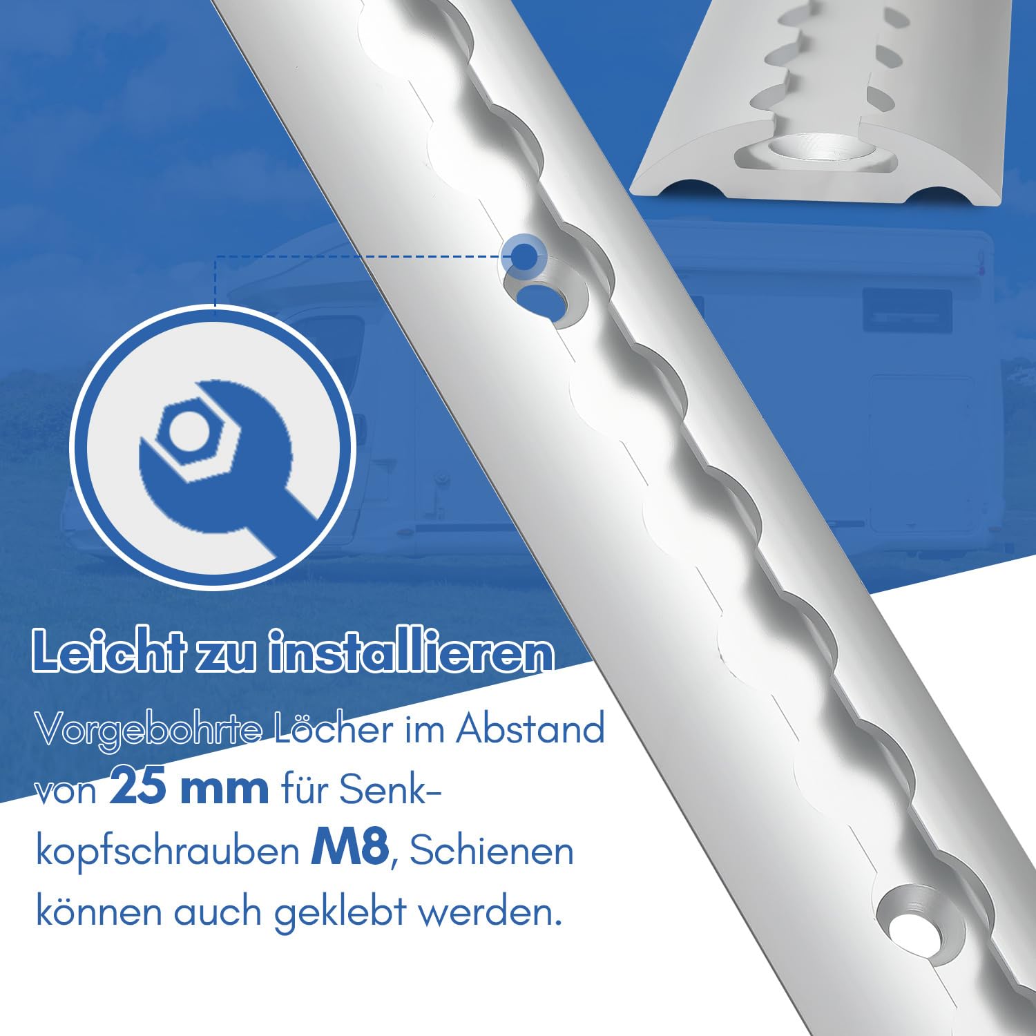 4 x 1 m de rail d'arrimage, forme demi-circulaire en aluminium, rail d'arrimage éloxé avec trous, rail d'arrimage avec 10 œillets et 8 embouts, système de fixation de charge pour camions et