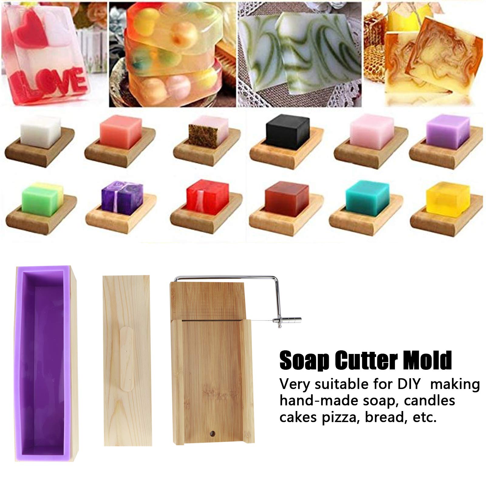Garosa Molde de, Molde Cortador de de bambú con Máquina Cortadora de Alambre, Rebanador de Pan Hecho a Mano Ajustable para Hacer DIY, Vela, Pastel, Pan, Pizza, Uso, Púrpura (Set 1 (plato llano de
