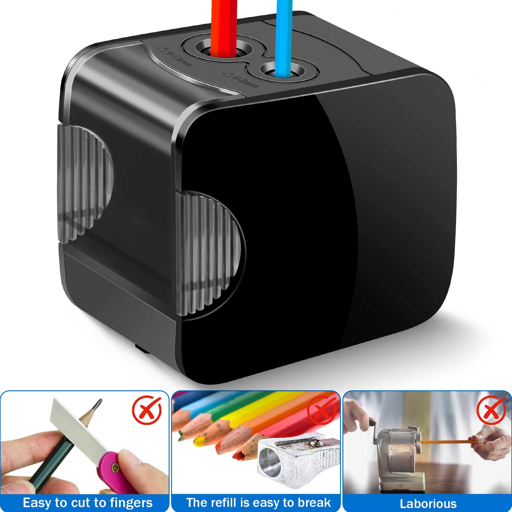 Sacapuntas Electrico USB y Bateria Operado 2 Tamaños 6-12mm, Sacapuntas con Deposito, 4 Cuchillas, Sacapuntas Electrico Profesional para Niños Lápices de Colores adecuado para Escuela, Oficina, Hogare