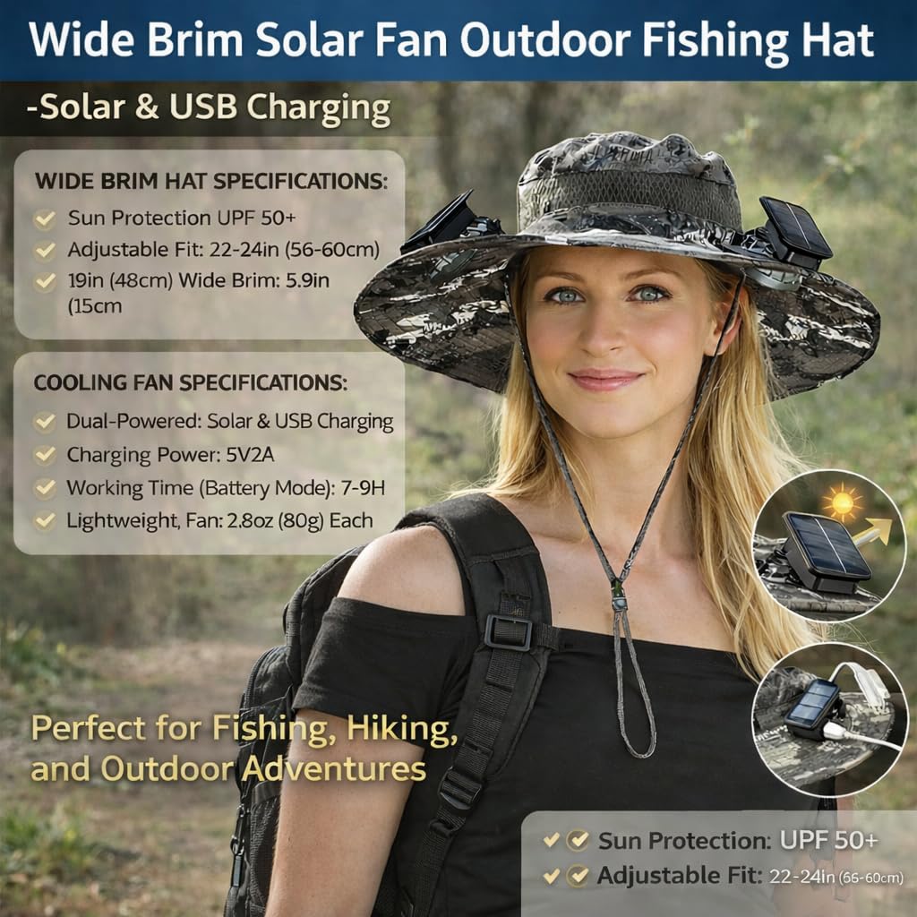 Cappello Ventilatore Alimentato da energia Solare, Cappello Solare Ampio con 2 ventilatori Regolabili Rimovibili, Cappello di Raffreddamento Ricaricabile UPF 50 + Rimovibile e USB per la Pesca