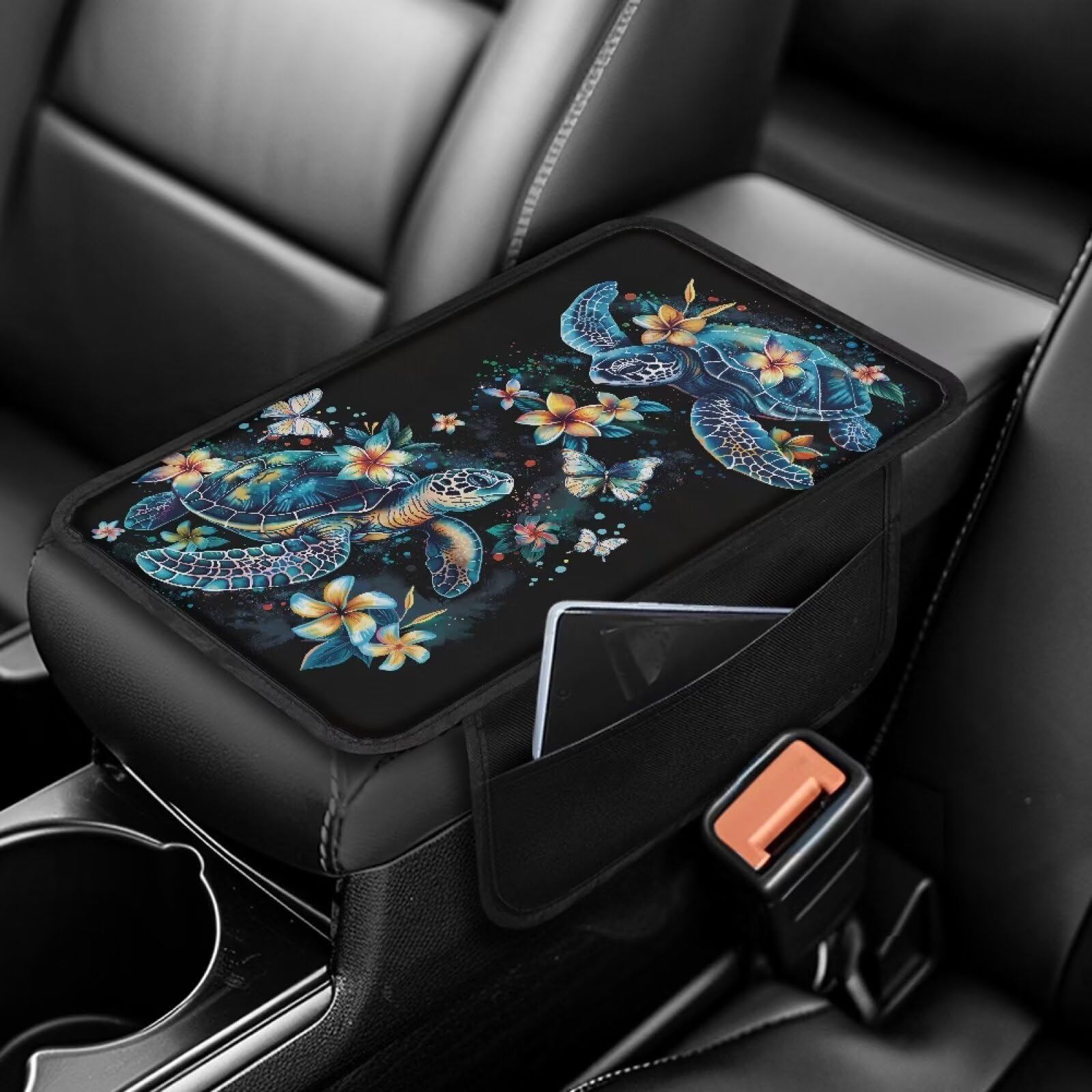 Dreaweet Sea Turtle Car Accessories Center Console Cover Black Car Arm Rest Cover,Car Armrest Box Pad with Pockets,Soft Comfy Arm Rest Cushion Pads