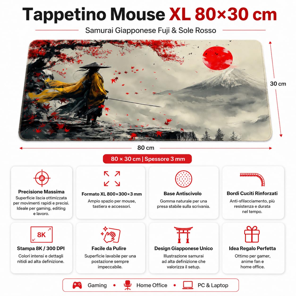 Tappetino Mouse XL 80×30 cm (3mm) – Samurai Giapponese Fuji & Sole Rosso – Desk Mat Gaming Antiscivolo, Bordi Cuciti, Tappetino Scrivania Grande per PC e Laptop
