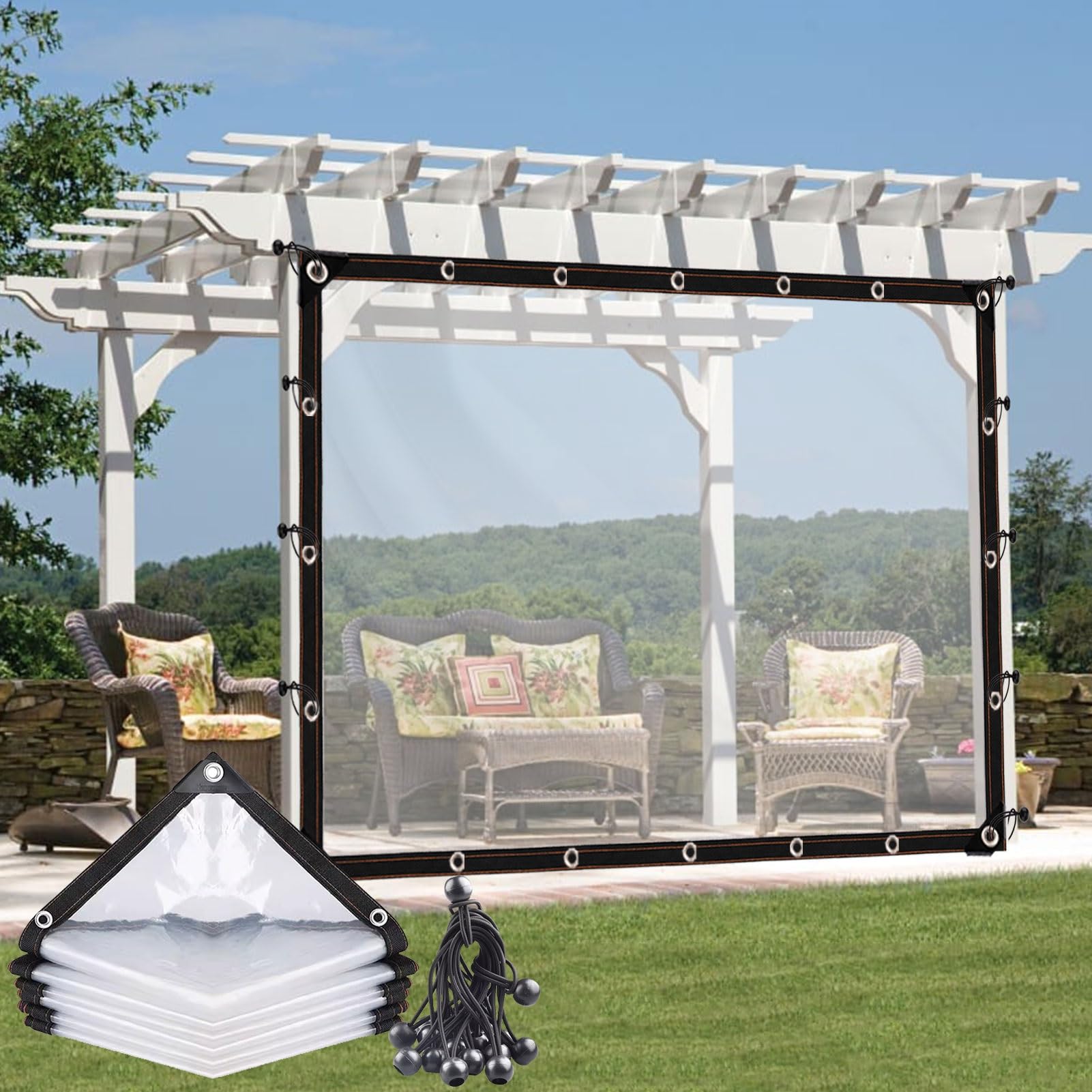 Lona impermeable transparente antilluvia con ojales para proteger muebles de terraza y porche