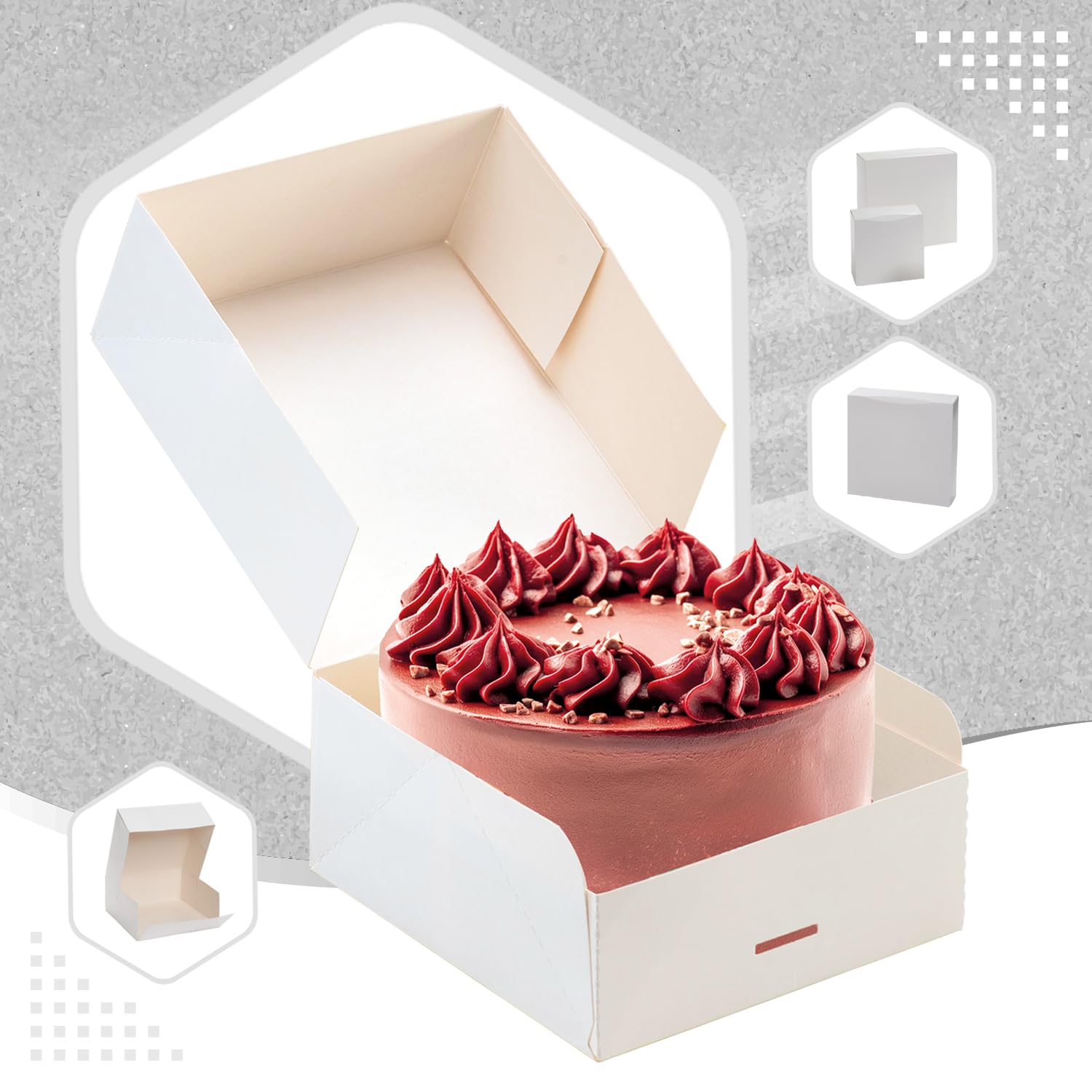 dekora - Boîtes à Gâteaux - Dimensions 23 x 23 x 10 cm - Boîtes de Boulangerie Résistantes - Faciles à Monter et Réutilisables - Carton Écologique en Fibre Végétale - 50 Boîtes - Couleur Blanc
