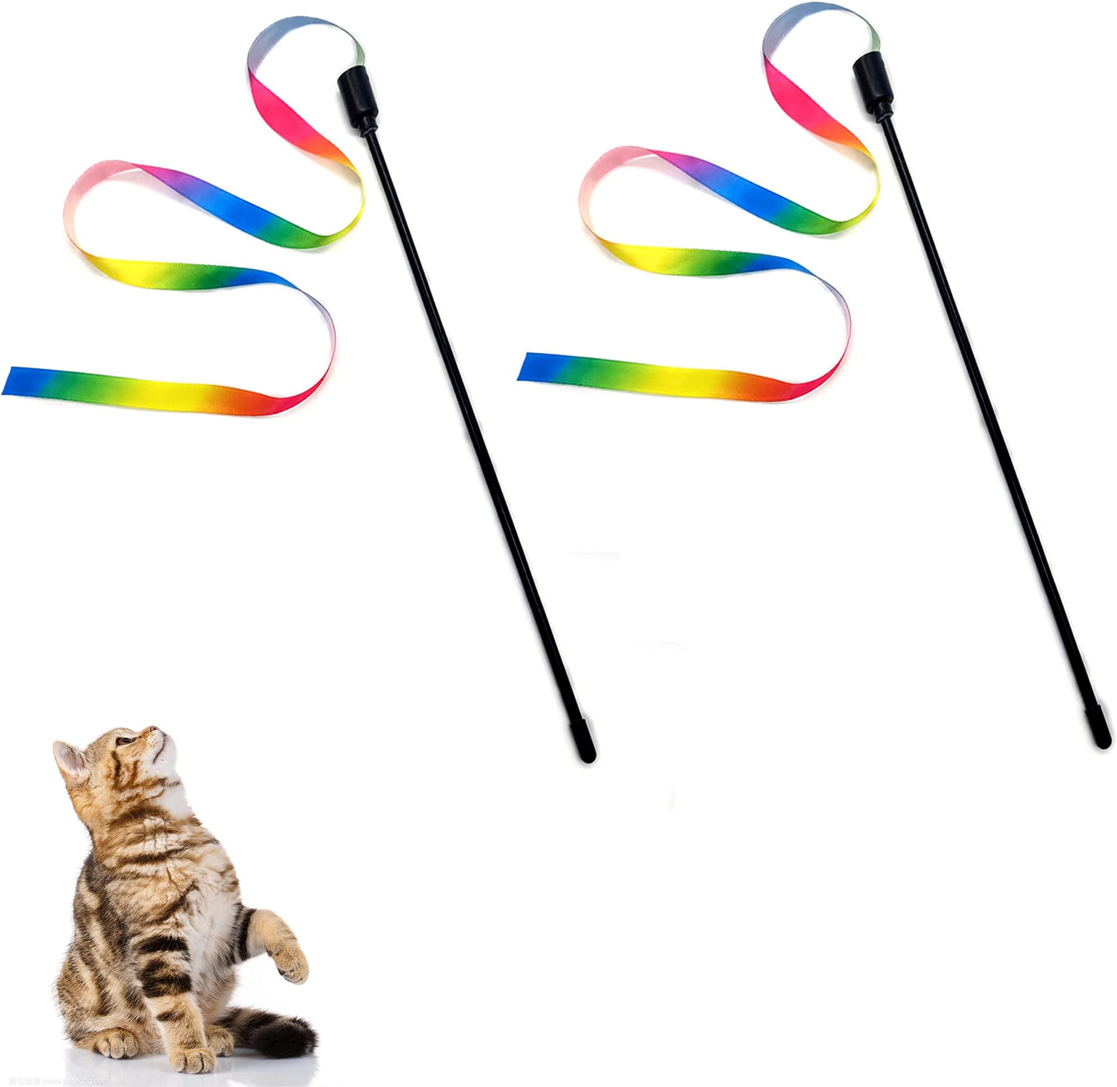 2pcs Cat Wand Interactive Toy Colorful Fabric Ribbon Rainbow Cat String Toy Cats Teaser Wand for Kitten Exerciser Accessories Cats Training Playing Indoor Pet Interactive Toy