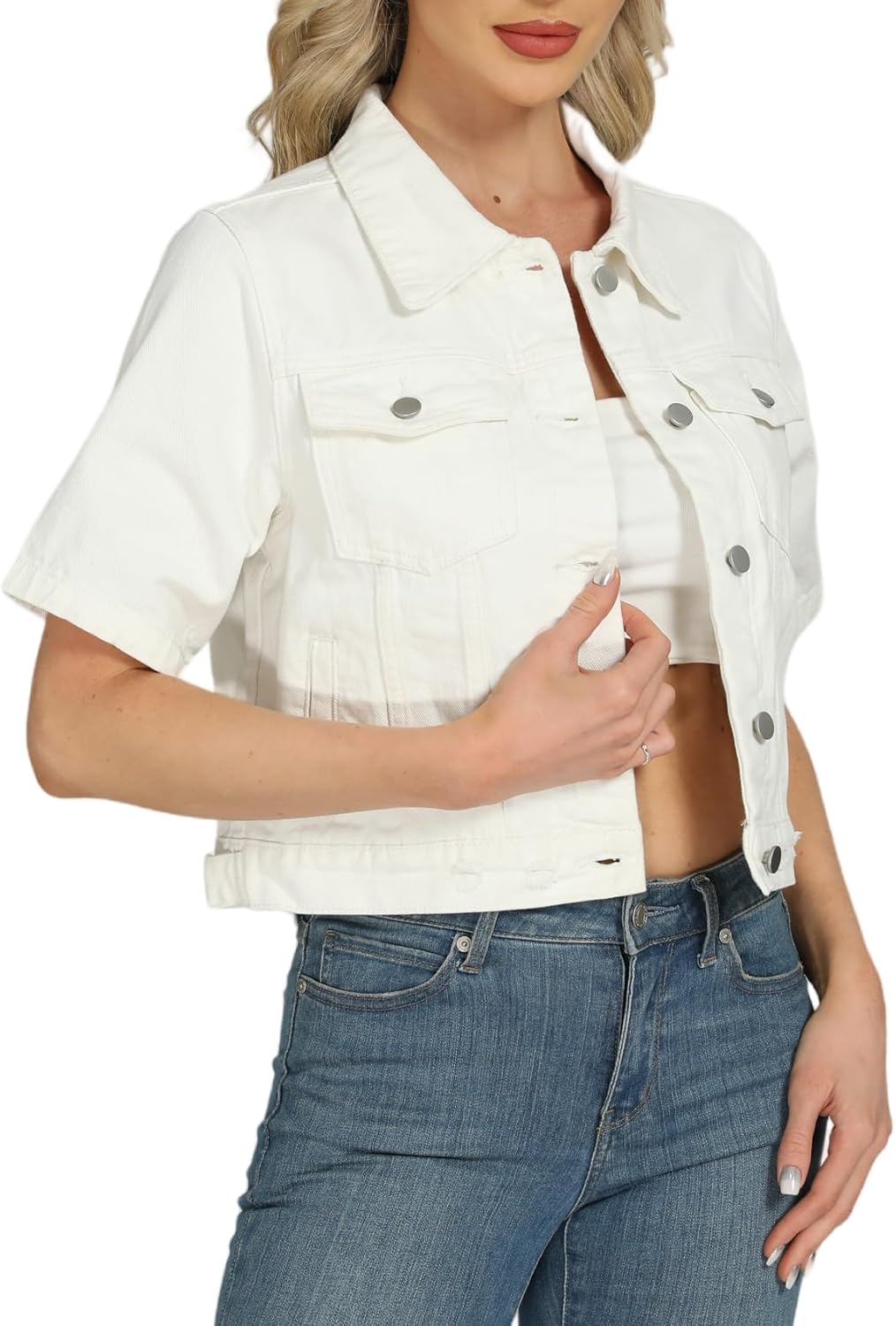 LifeShe Cropped Denim Jacket for Women Short Sleeve Casual Ripped Jean Jackets Distressed Trucker Coats - Image 4