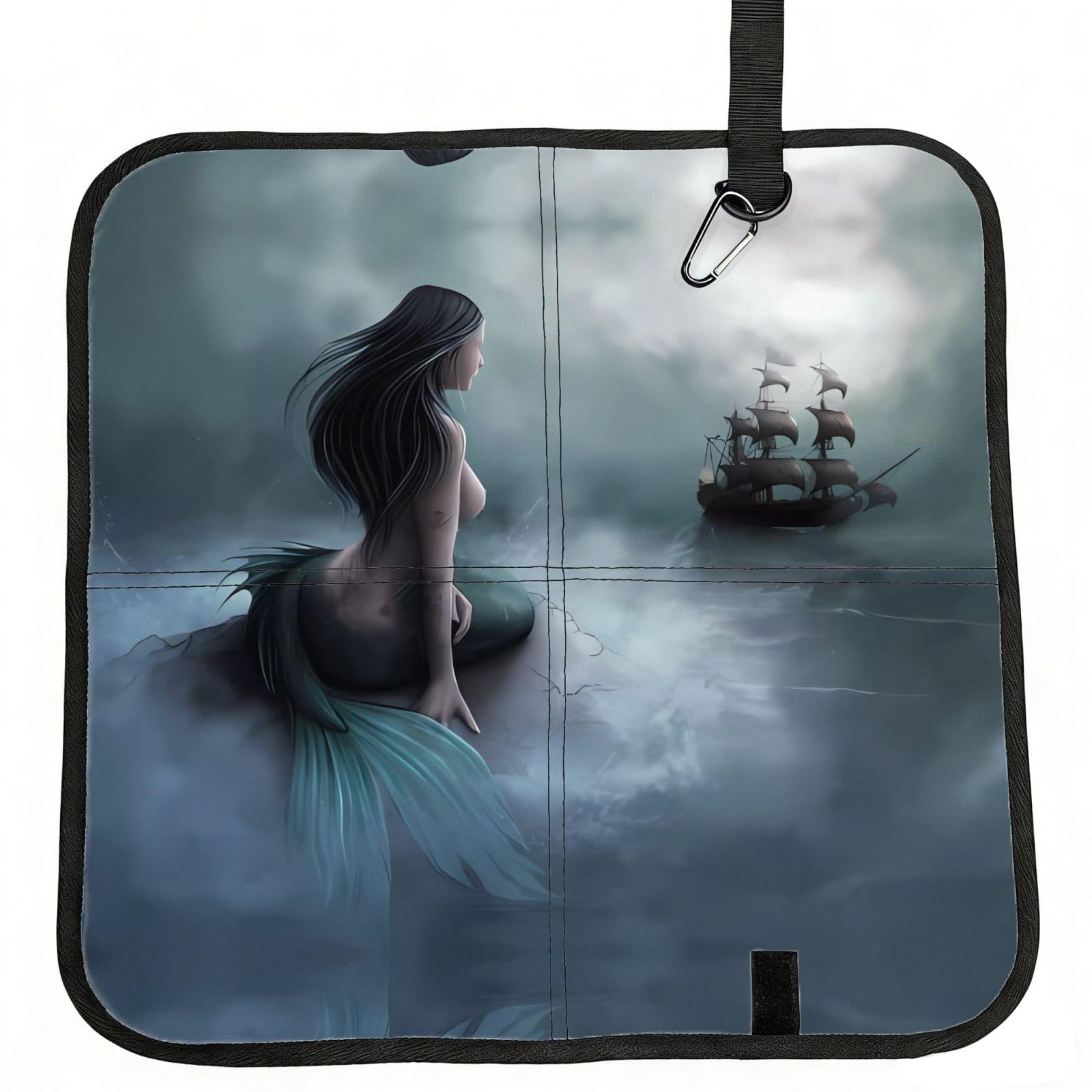 WBQLSL Mermaid Girl And Sailing on Sea Pirate Ship Foldable Seat Cushion - Portable Stadium Pad with Carabiner for Camping Hiking Picnic Beach