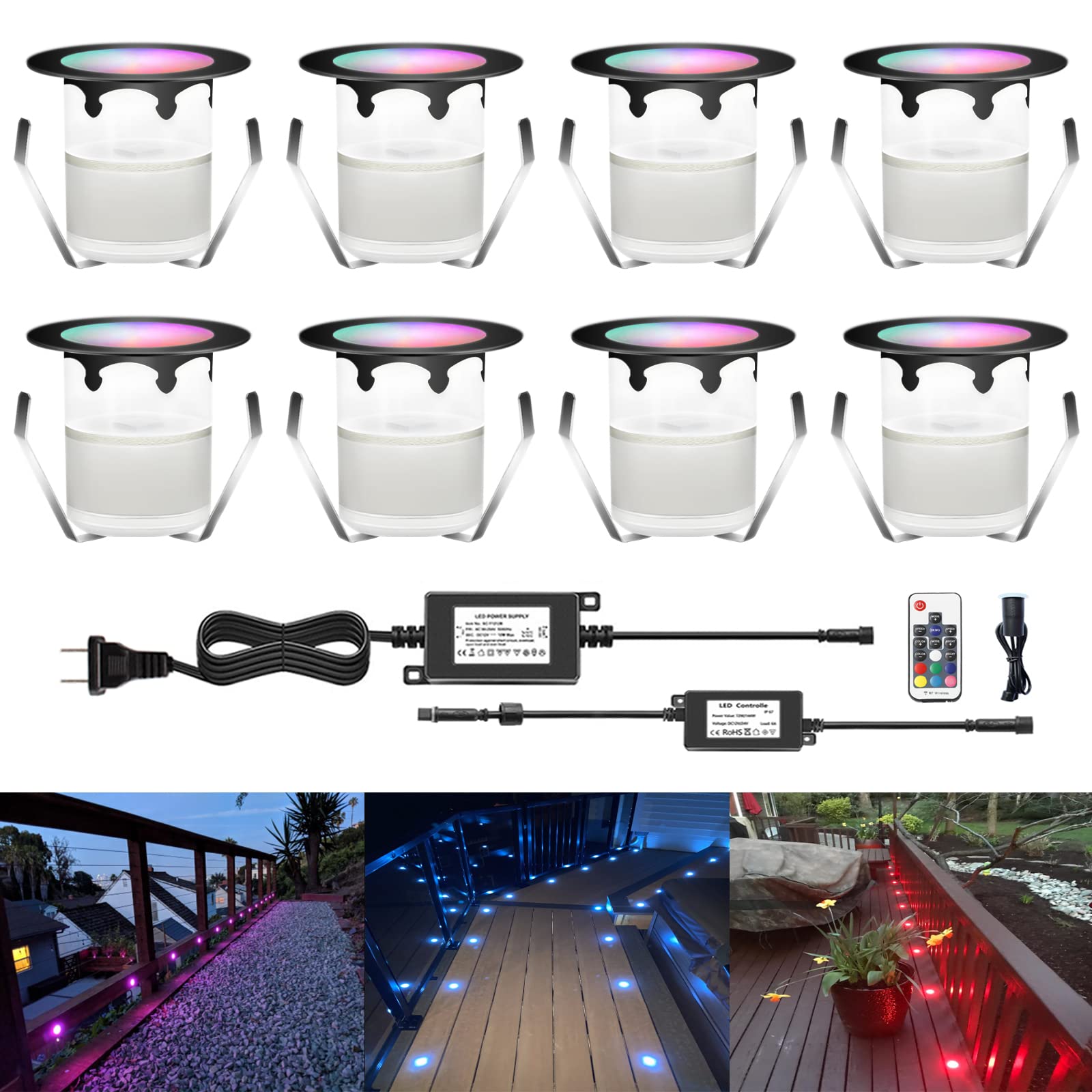 Photo 1 of CISLAN LED Outdoor Deck Lights with Photocell, RGB ?1.18in Low Voltage 12V DC IP67 Waterproof, Remote Dimmable Multi Color Change, Electric Wired Recessed Stair Step Landscape Lighting, 8 Pack Black