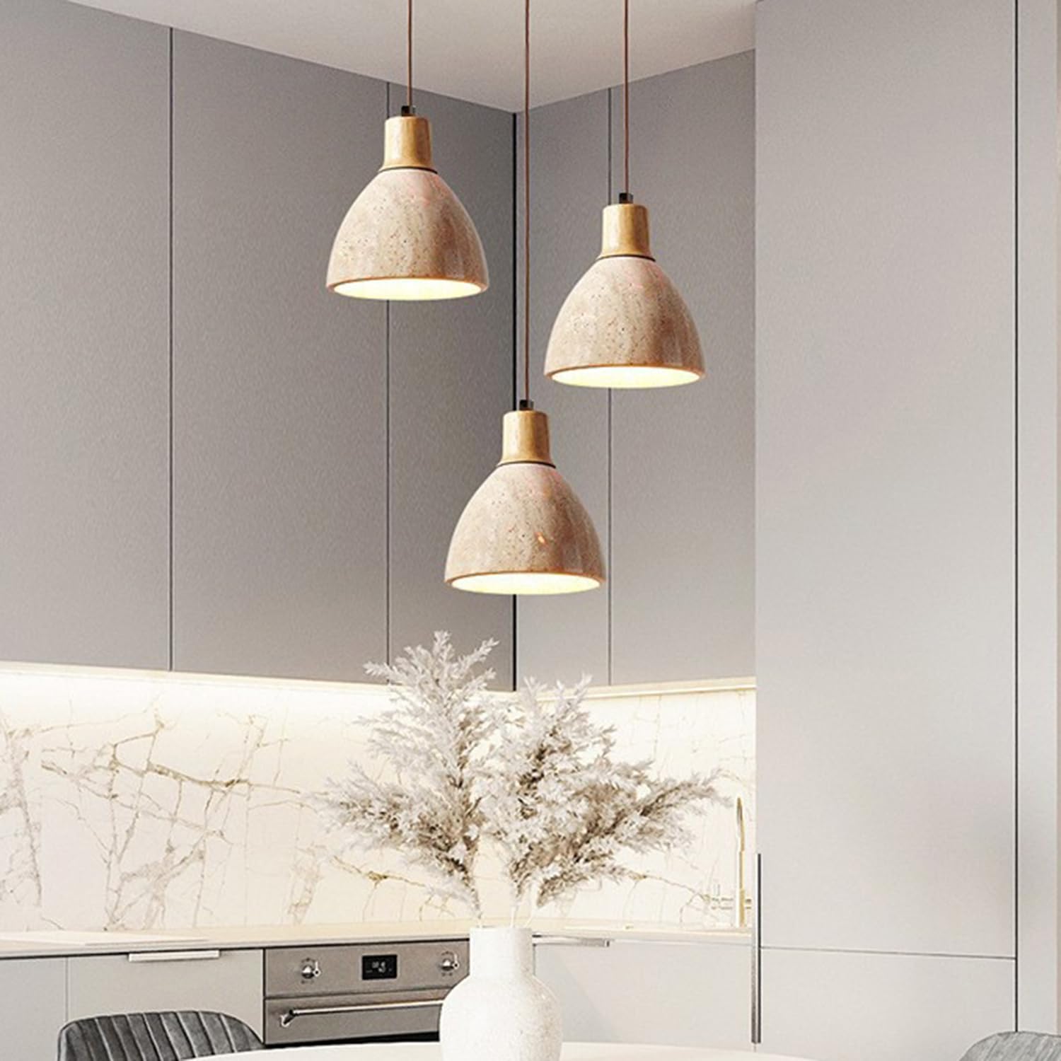 Lampadari a sospensione in pietra di travertino naturale Lampada a da 6,3 pollici Travertino poroso con decorazione artistica in legno Stile base industriale(Natural wood colour)