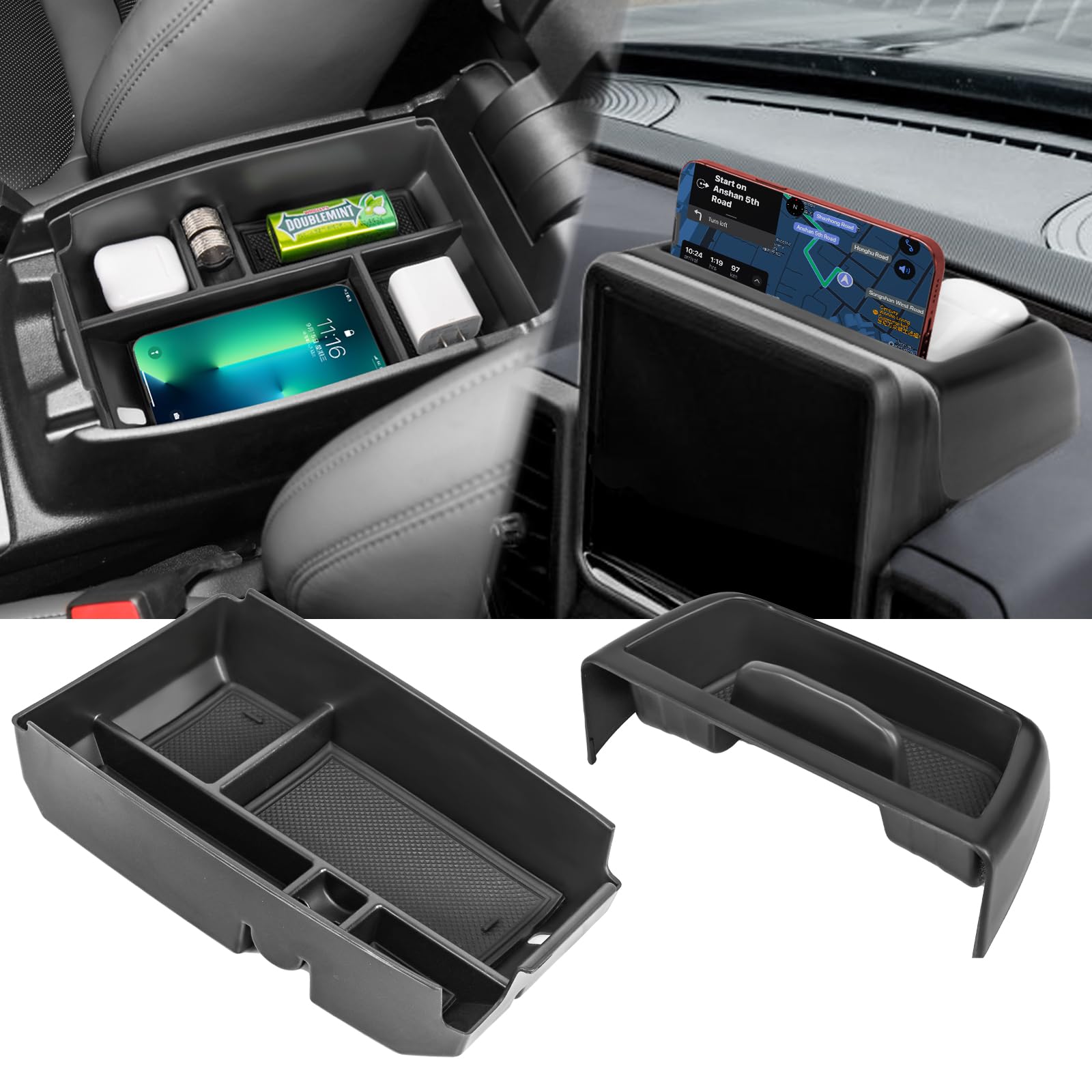 2PCS Center Console Dash Storage Tray and Armrest Secondary Storage Box Compatible with Ford Bronco Sport CX430 2021 2022 2023 2024 Center Console Organizer Insert Accessories