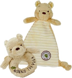 Rainbow Designs Winnie the Pooh Soft Toy Gift Set - Plush Comfort Blanket & Ring Rattle, Baby Present, Winnie the Pooh From Hundred Acre Wood, Newborn Super Soft Gift