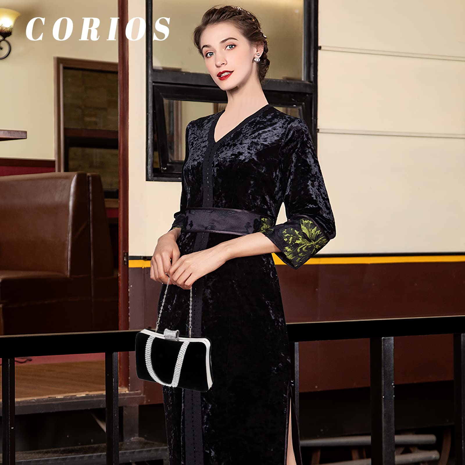CORIOS Borsetta da Sera Donna Velluto Pochette Strass Cerimonia Clutch Borsa a Tracolla Borsa Sposa Pochette Piccolo con Catena Elegante Borse Messenger per Cocktail Festa Cerimonia Ballo Nero