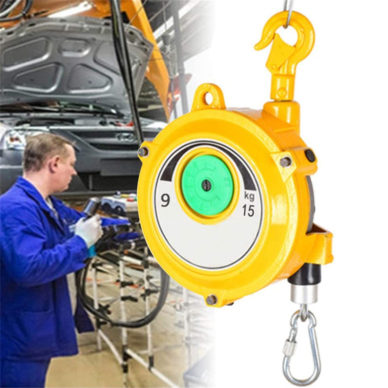 WEKONUMEX Retractable Spring Balancer, Tower Spring Balancer Adjustable Self-Locking 5-22kg Alloy Hook 1.5m Wire Rope(9 to 15KG)