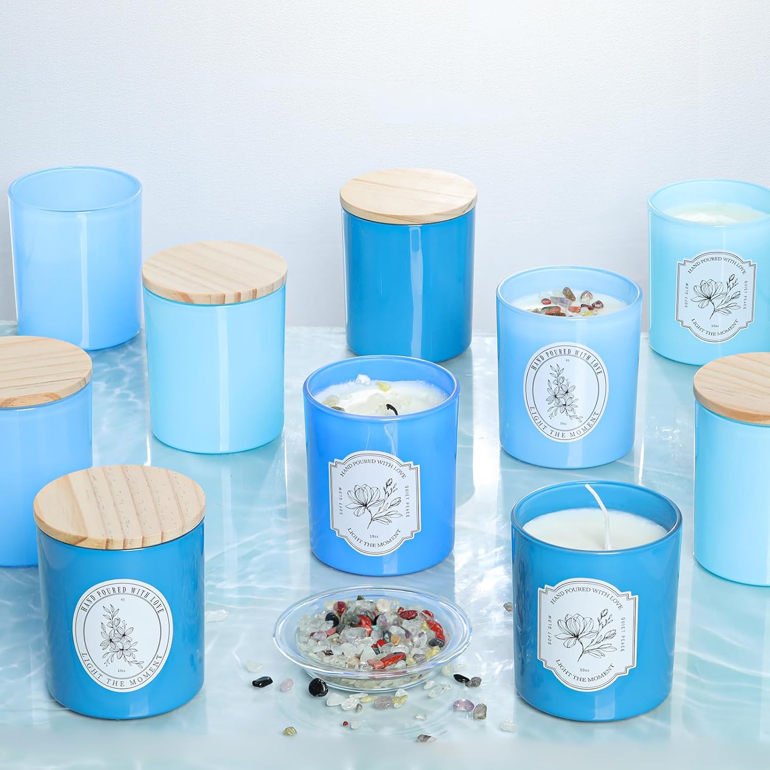 12Pcs Assorted Blue Glass Candle Jars with Wooden Lids for Making Candles, 10 OZ Empty Candle Jars with Labels and 100g Crystal Rocks, Candle Making Supplies Candle Containers for Home DIY & GIFTS
