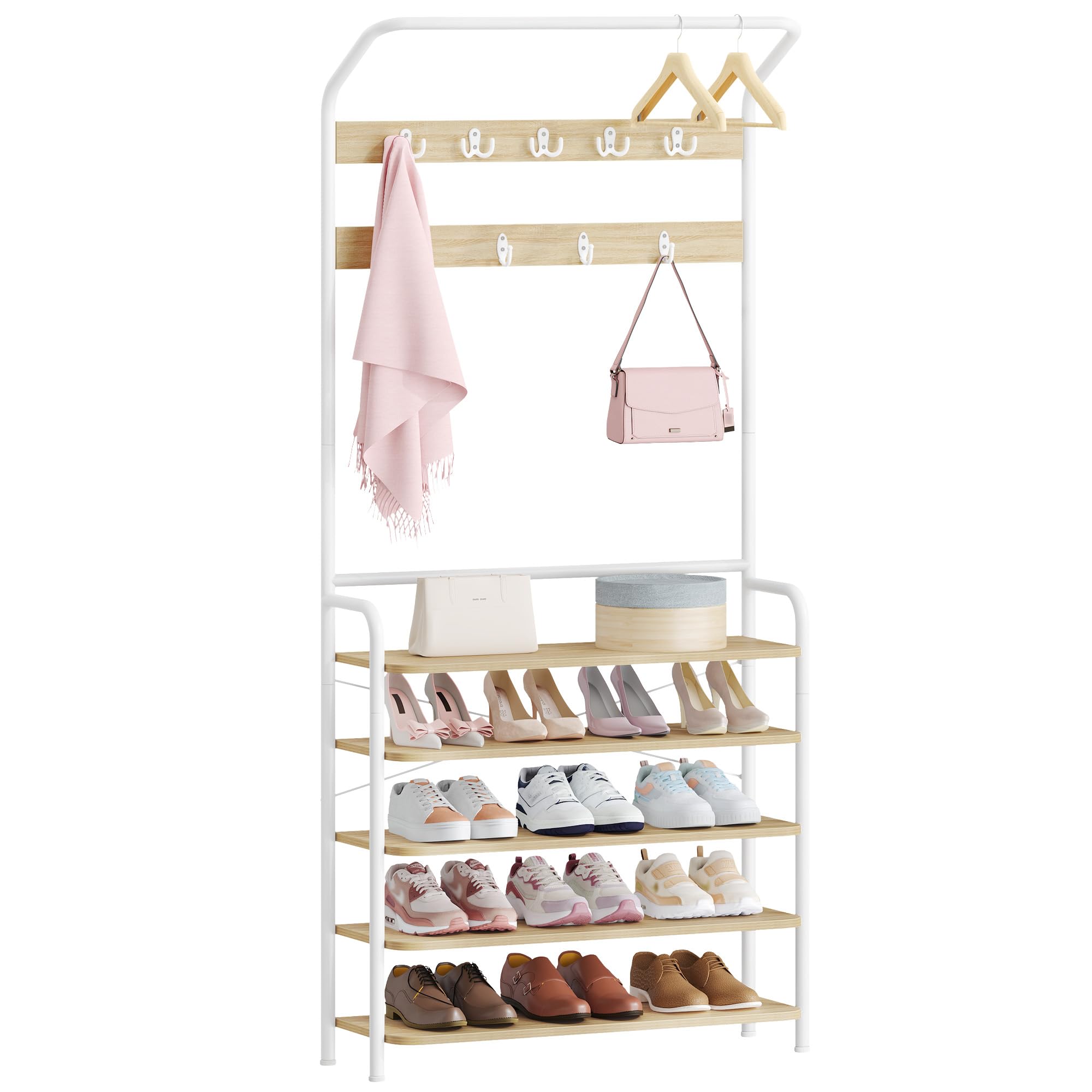 Hzuaneri Perchero Zapatero, Perchero con Banco de 5 Niveles, Roble y Blanco | Recibidor, 9 Ganchos, 1 Barra Superior, 24,5 x 78,5 x 195cm, para Entrada Pasillo, HT19016W