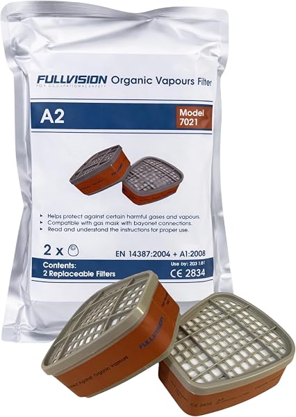 FullVision Filtri per Vapori Organici – Attacco a Baionetta Universale Compatibile con Maschere 3M – Standard EN14387 (Coppia) (Marrone, A2 (7021)) - 1