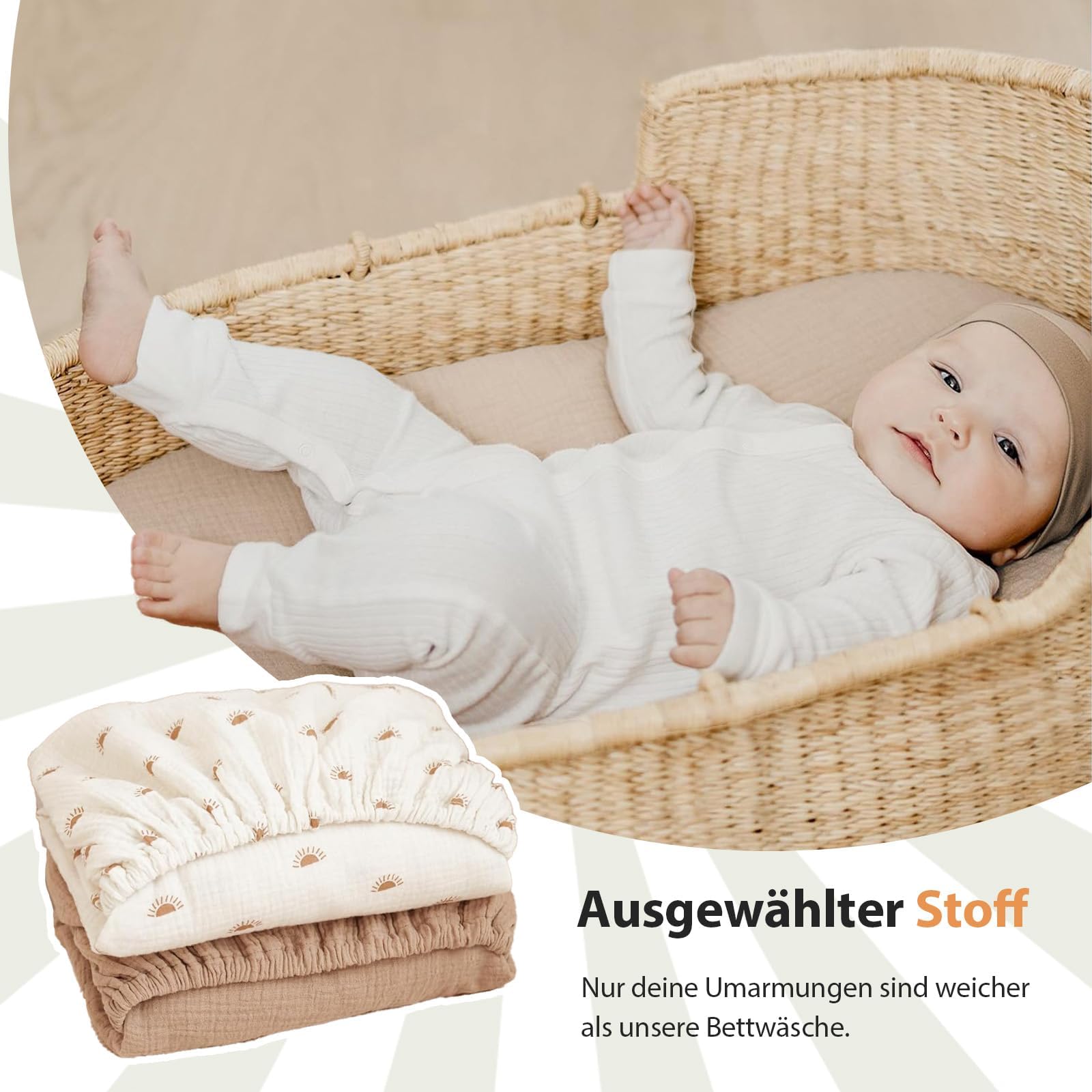 Lenzuolo con angoli in mussola, 80 x 40 cm, per passeggino e passeggino, confezione da 2 per cestino e culla (albicocca + sole)