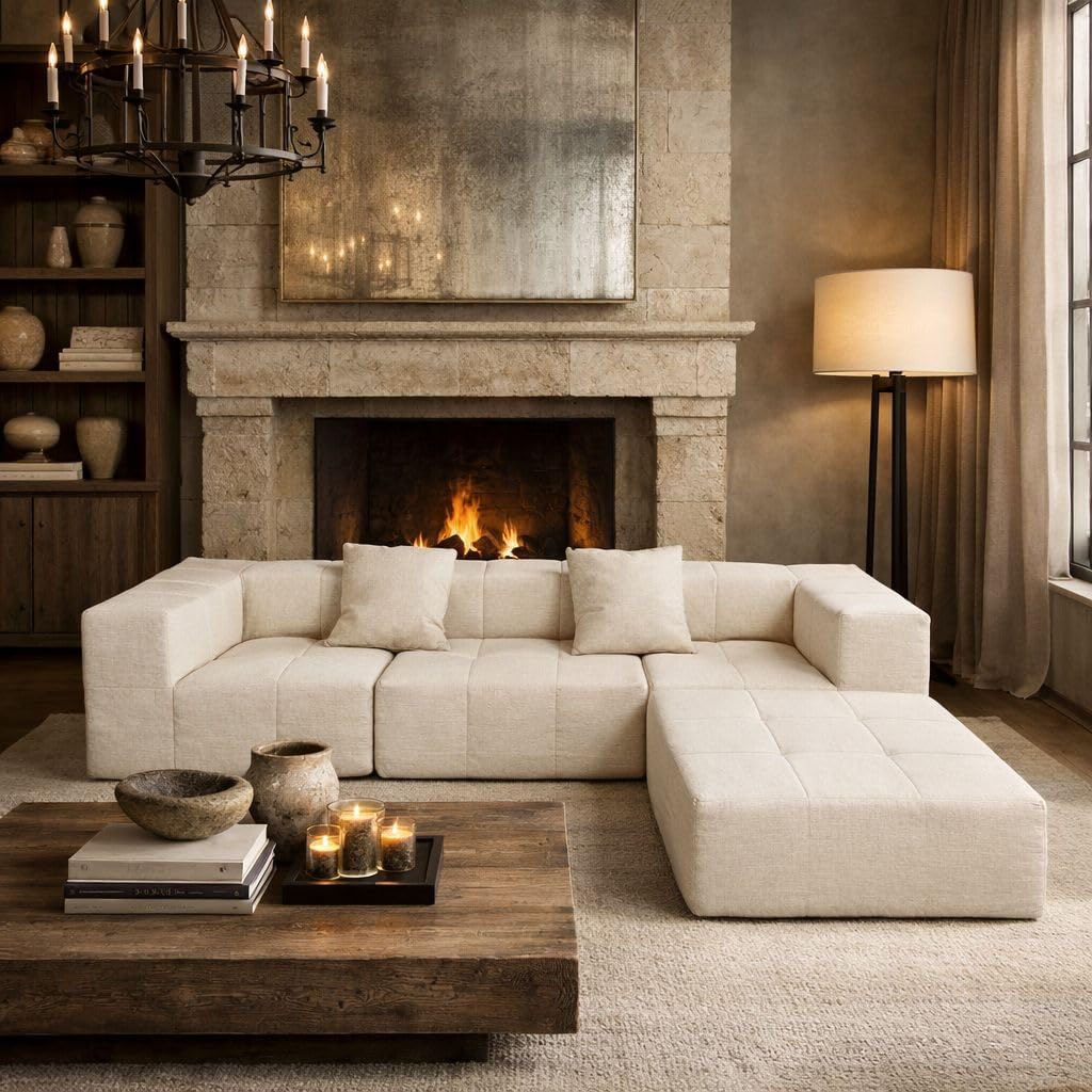 Couch - Waterproof Indoor Outdoor Sofa - Sold Seperately Ottoman Modular Sectional Upholstered - White Beige Cream Taupe Brown Gray Black Boucle Linen (Waterproof Beige, Right Arm)