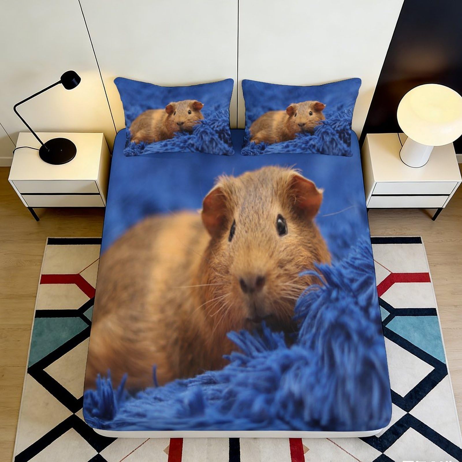 3D Printed Brown Guinea Pig Fitted Sheet Microfiber Soft Blue Shaggy Bed Cover for Bedroom Dorm Mattress Decor 120x200x25cm