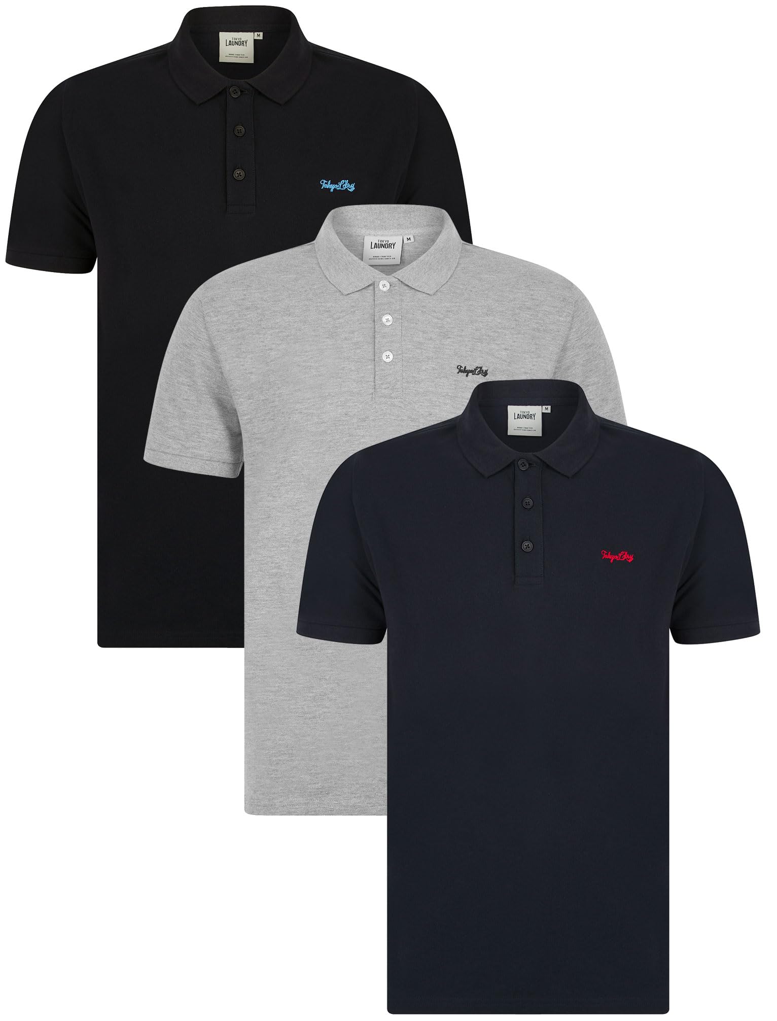 Tokyo Laundry Men's Sky Captain Navy / Light Grey Marl / Jet Black (3 Pack) Cotton Pique Short Sleeve Polo Shirts