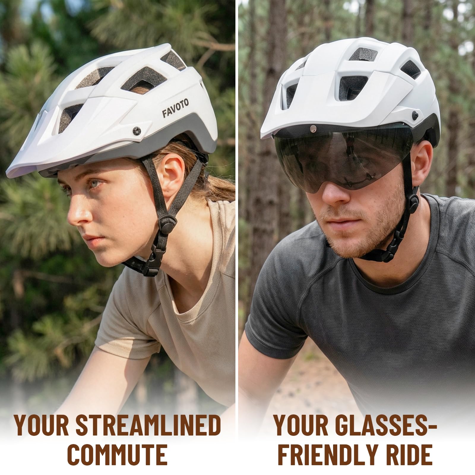 Favoto Casco da bici per adulti per ciclismo su strada e montagna, con luce posteriore a LED ricaricabile USB, occhiali magnetici e visiera parasole rimovibile, casco per uomini e donne