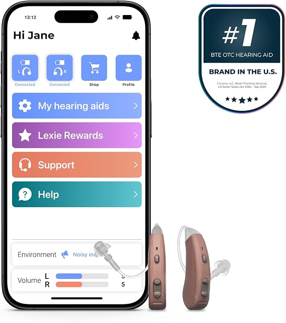 Lexie Lumen Self-Fitting OTC Hearing Aids - Bluetooth Enabled with Invisible Fit, Directional Microphones, Smartphone App Control, Replaceable Batteries, for Mild to Moderate Hearing Loss (Beige)