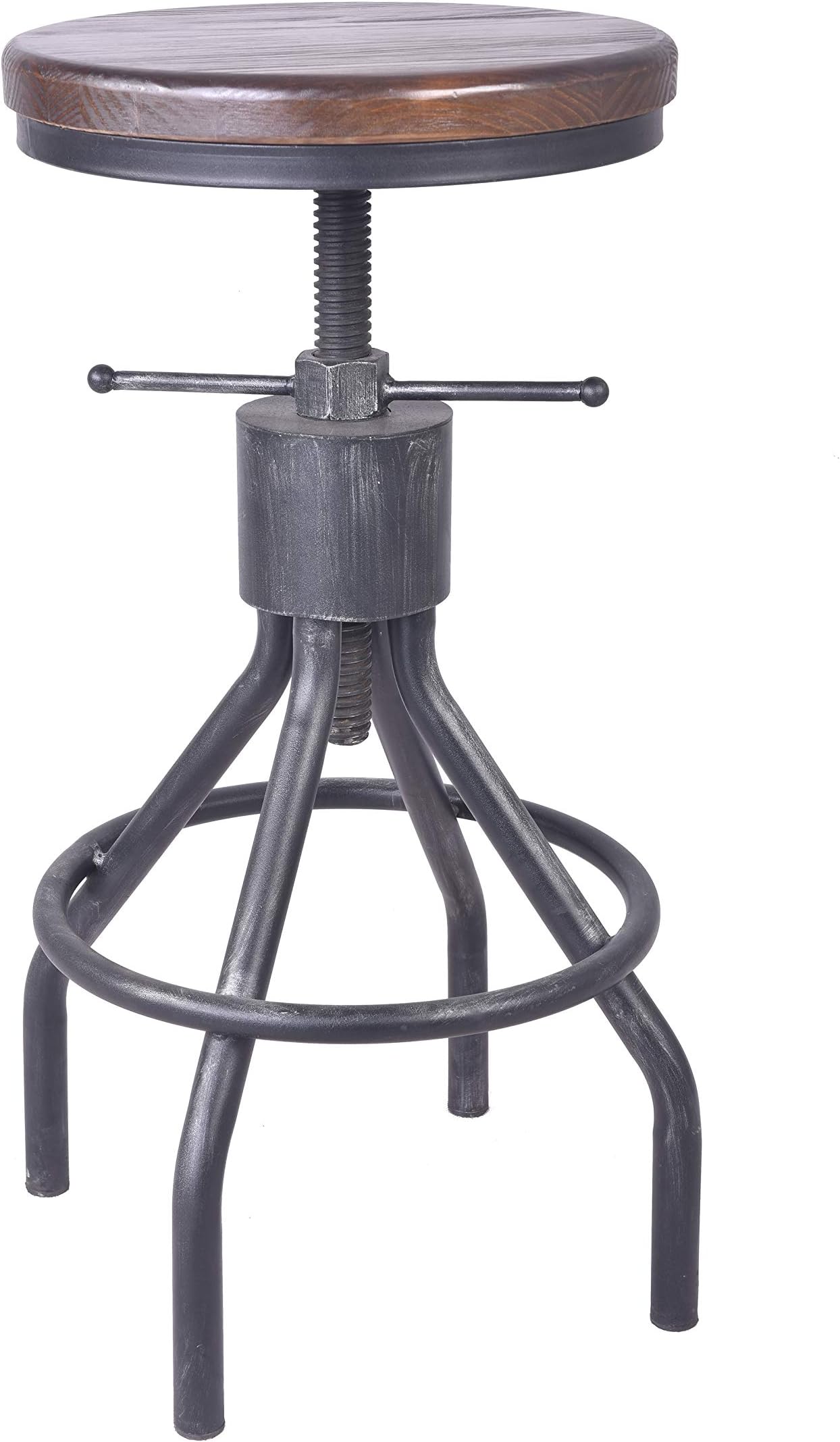 LOKKHAN Adjustable Round Wood Metal Pipe Stool-Vintage Industrial Swivel Bar Stool-Cast Iron Farmhouse Pub Height Stool-23.4-33 inch (Brown#04)