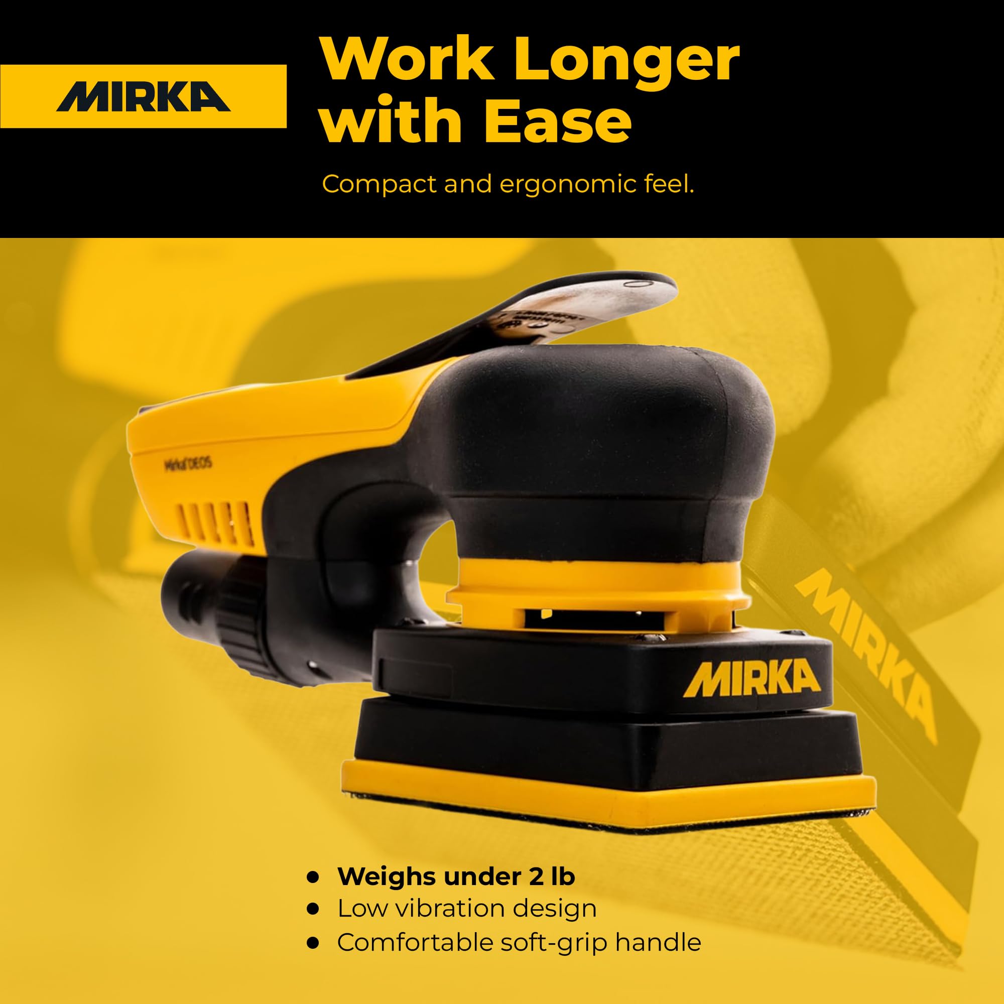 Mirka DEOS - Levigatrice elettrica portatile, compatta 7,6 x 10,2 cm, con orbita da 3 mm, motore senza spazzole, design leggero ed ergonomico, ideale per legno, mobili, finestre e porte, levigatura