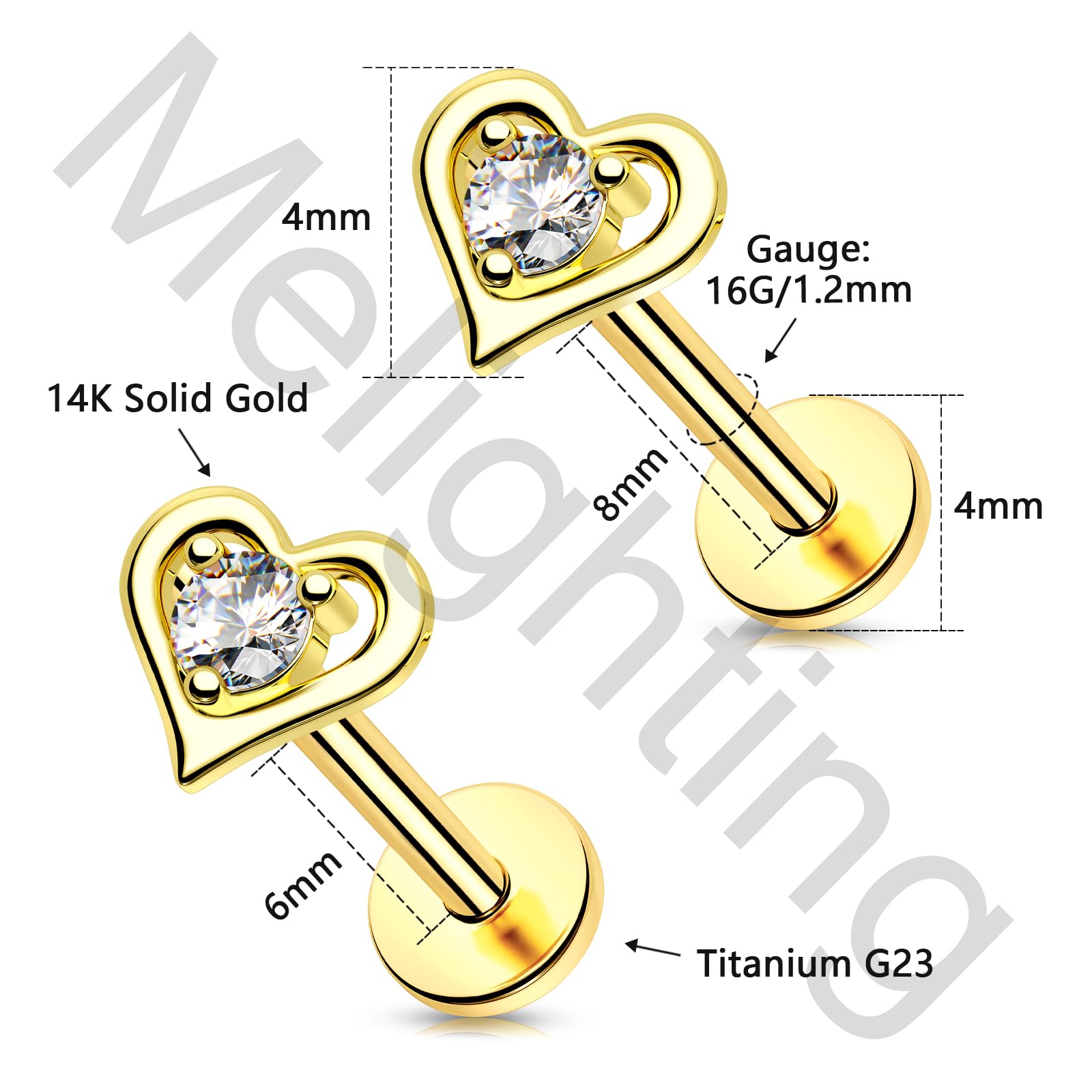 Melighting Pendientes Helix de 16 G, aretes de oro amarillo de 14 quilates, parte trasera plana, titanio sin rosca, aretes de cartílago, joyería de piercing Daith