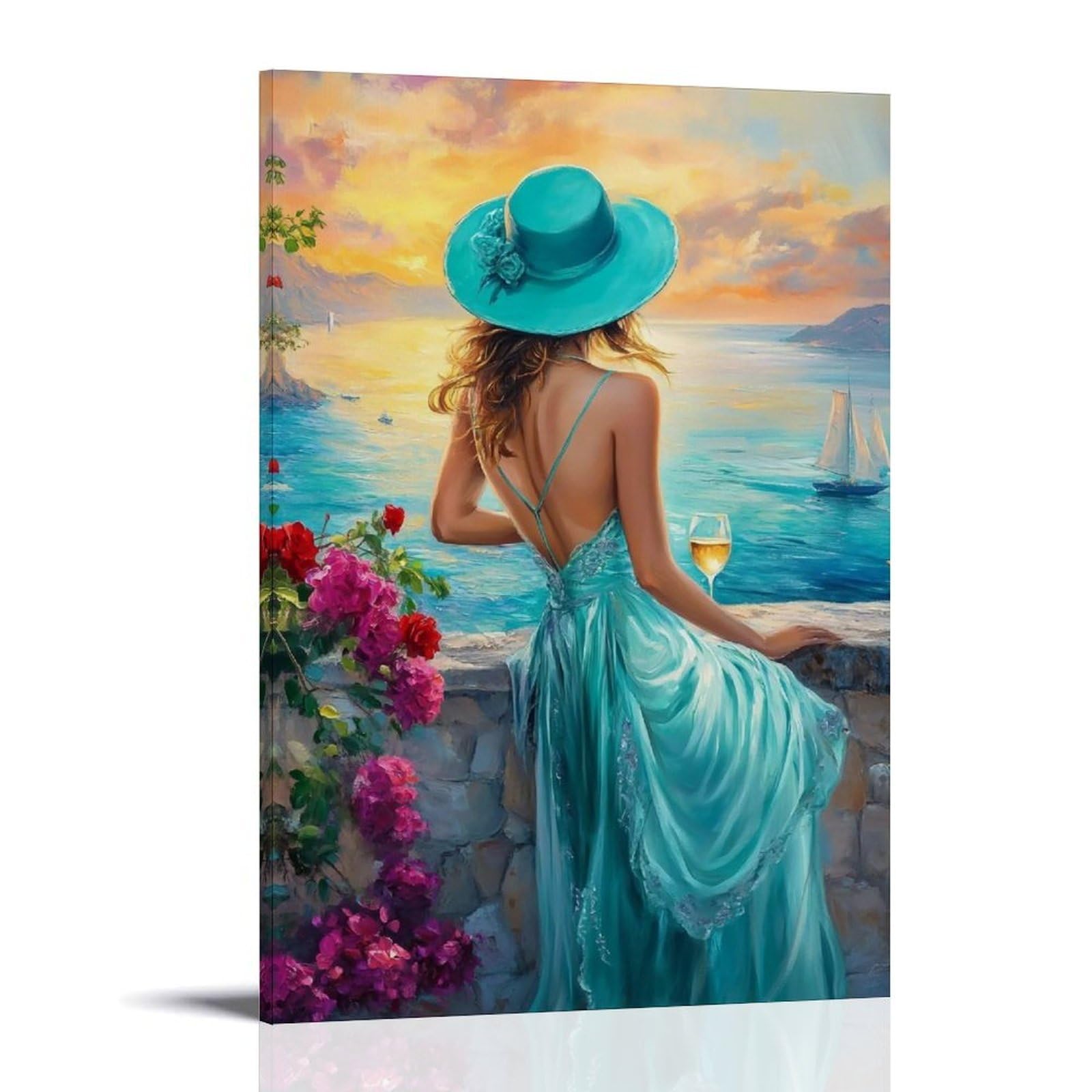 HUERYRYHY Sunset Wine on Mediterranean Terrace 01 Poster Wall Art Canvas Vintage Aesthetic Painting Decor for Rooms 24x36inch Frame-style