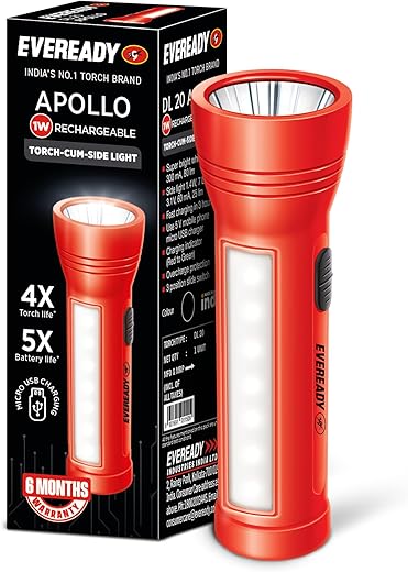 Eveready Apollo DL20, Rechargeable 1W Torch Cum 1.4W Emergency Sidelight/Face Light, Type-B/Micro USB Fast Charging, Overcharge & Deep Discharge…