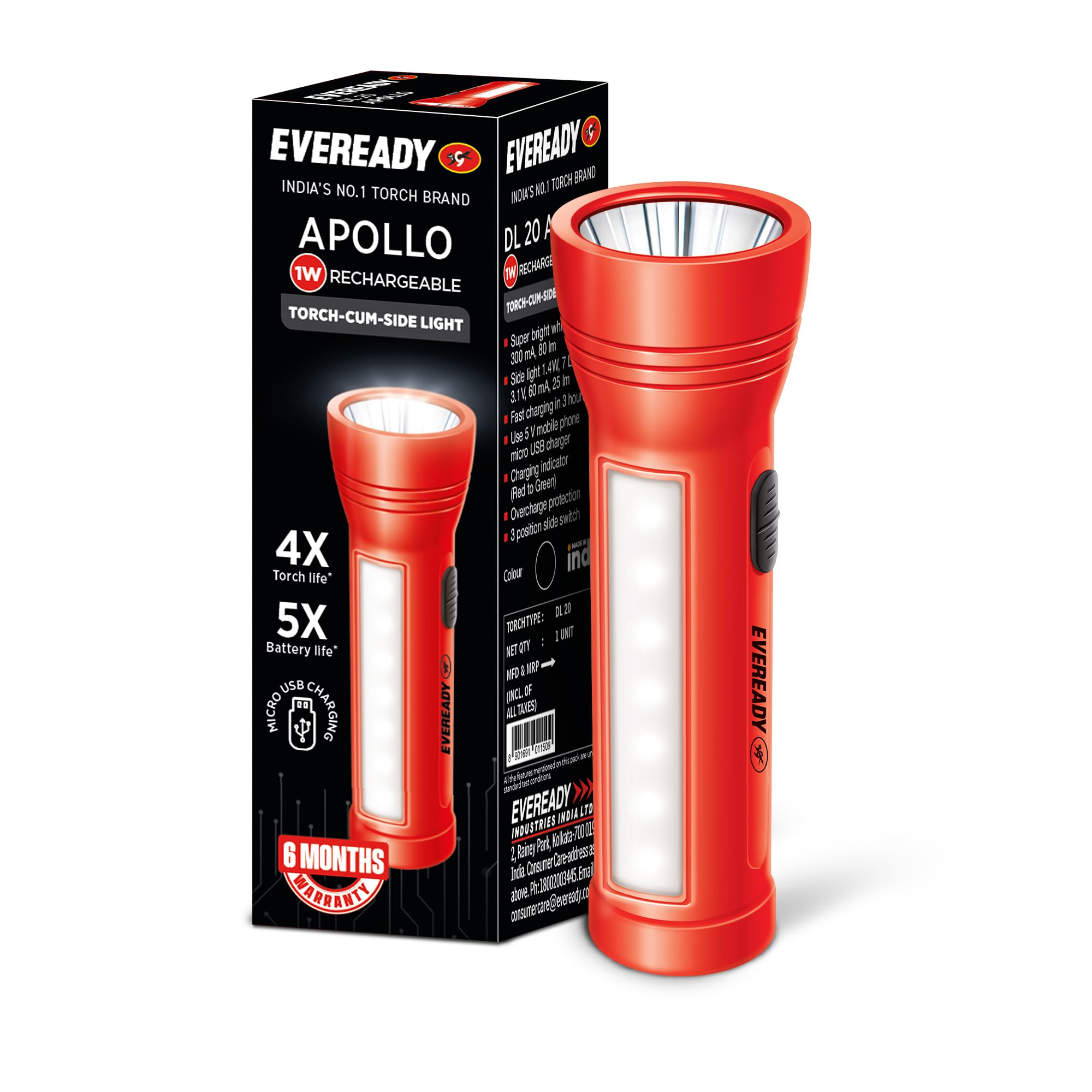Eveready Apollo DL20, Rechargeable 1W Torch Cum 1.4W Emergency Sidelight/Face Light, Type-B/Micro USB Fast Charging, Overcharge & Deep Discharge Protection, Powered by Li-Ion Battery