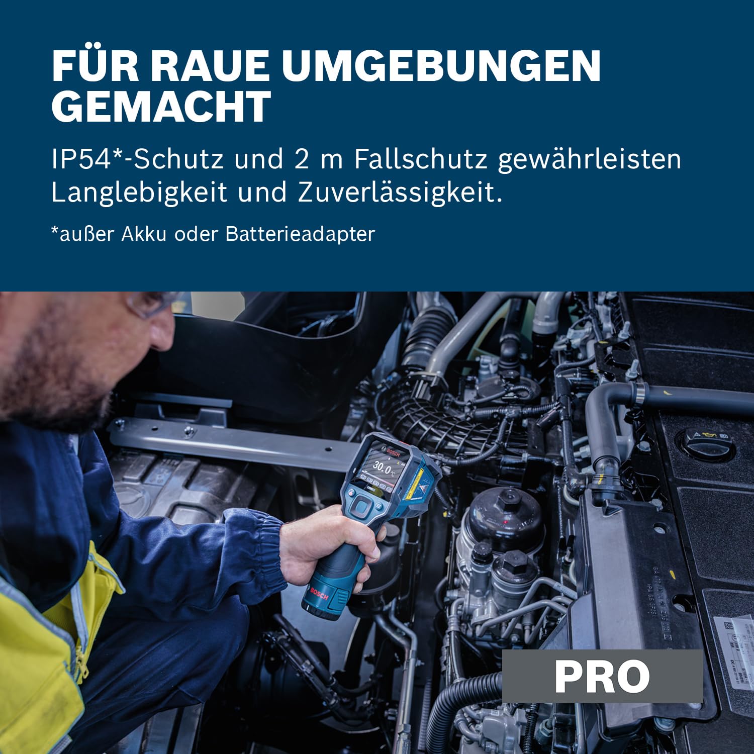 Bosch PRO GIS12V‑700‑14 Infrarot‑Thermometer, großes Grafik‑Display, IP54, 2 m Sturzschutz, Dual‑Power, inkl. Batterieadapter & AA‑Batterien – präzise Temperaturmessung im Profi‑Bereich