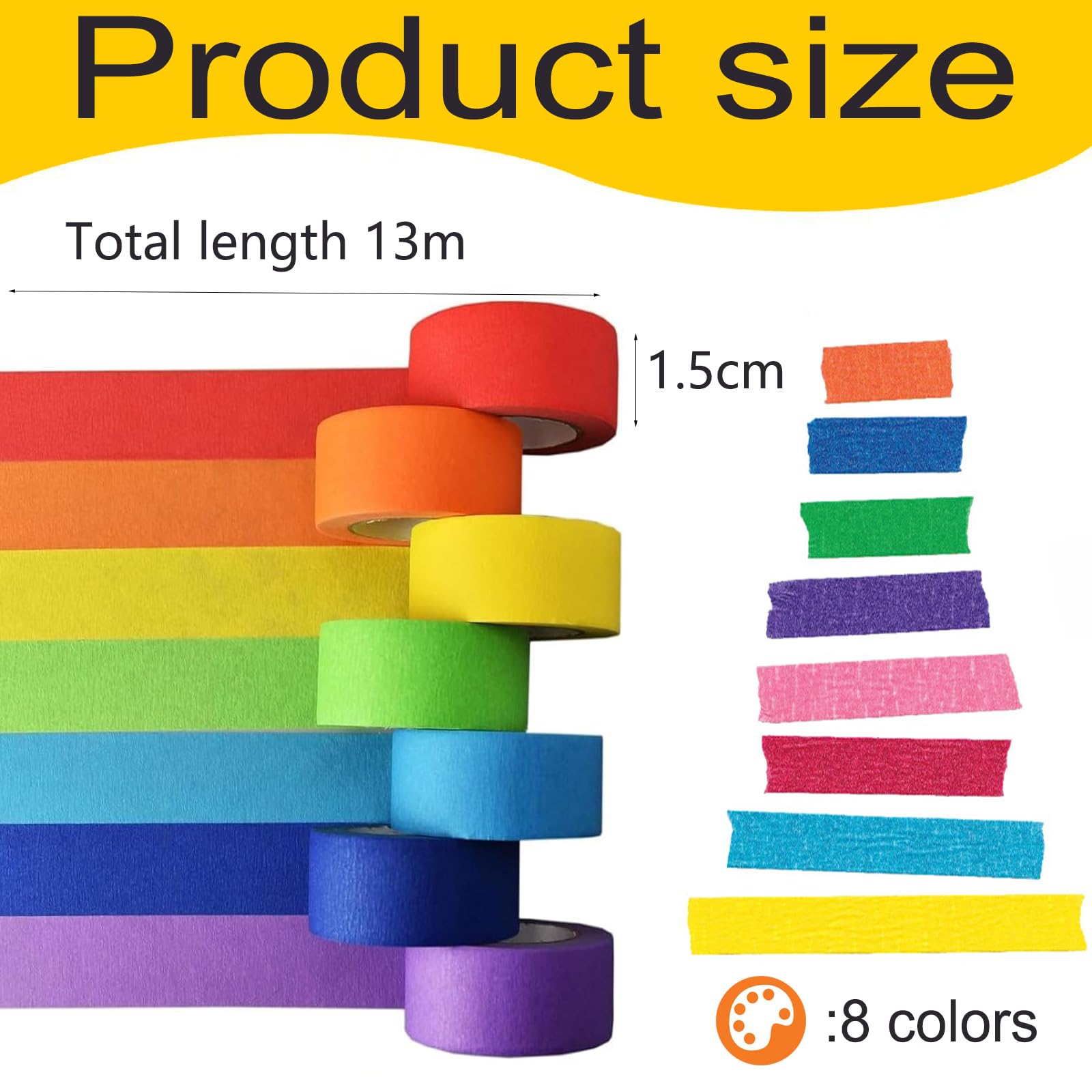 wodehahagou 8 Rolls Rainbow Masking Tape 1.5cm x 13m Masking Tape,Writable Coloured Masking Tapes Colourful Tape for Office,Home - Image 2