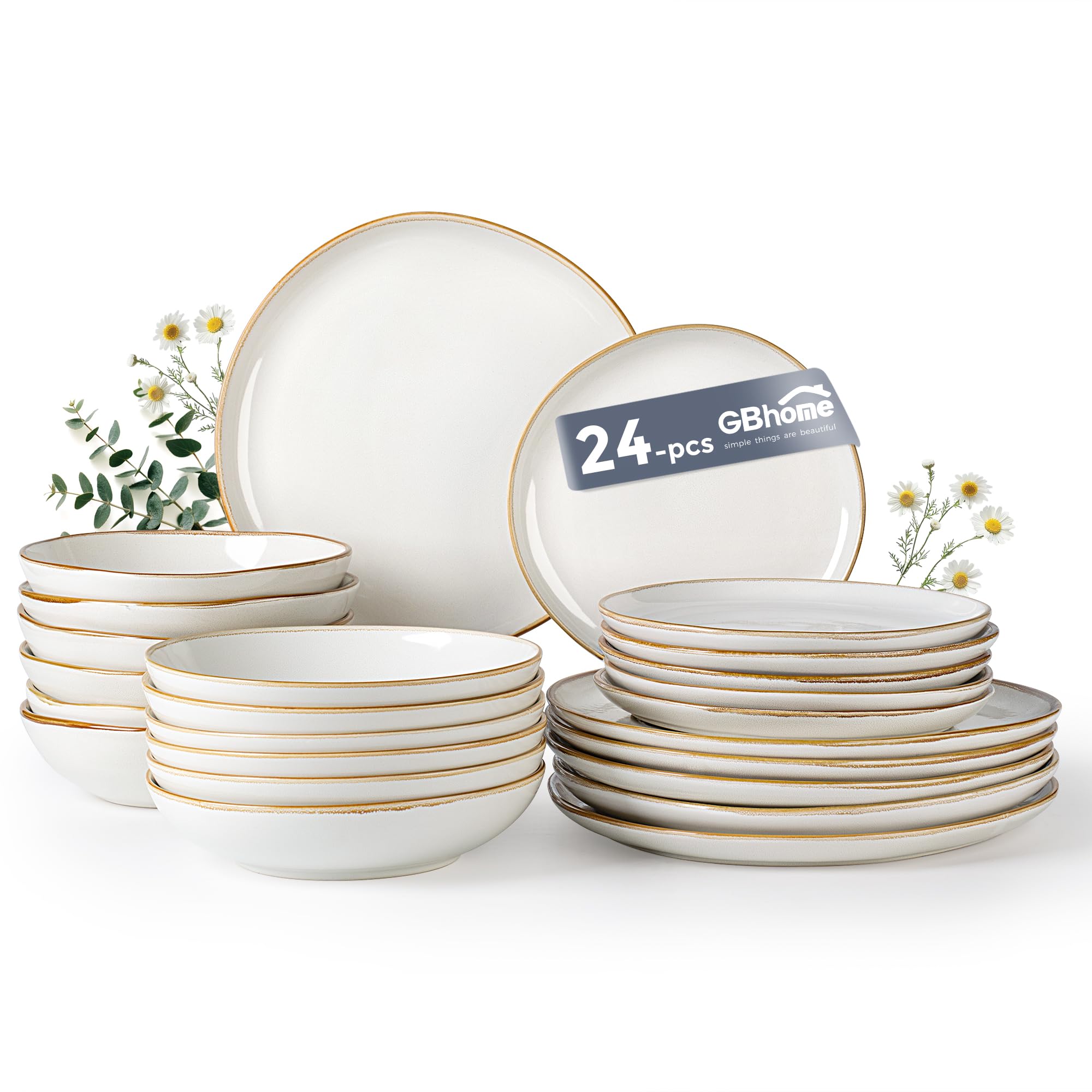 GBHOME Stoneware Dinner Sets for 6 People, 24 Pieces Handcrafted Plates and Bowls Set, Scratch Resistant Dinnerware Set, Dishwasher & Microwave Safe