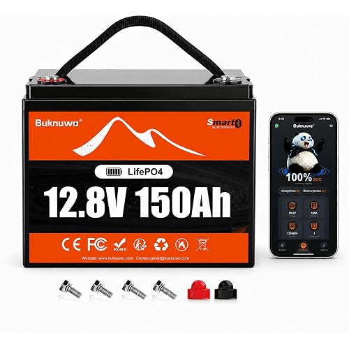 12.8V 150Ah LiFePO4 Lithium Battery with Bluetooth,1920Wh Energy,15000+ Rechargeable Lightweight Lithium Battery for Trolling Motor,Off-Grid,Boat,RV, Boat, Solar(12.8V 150Ah-Bluetooth)