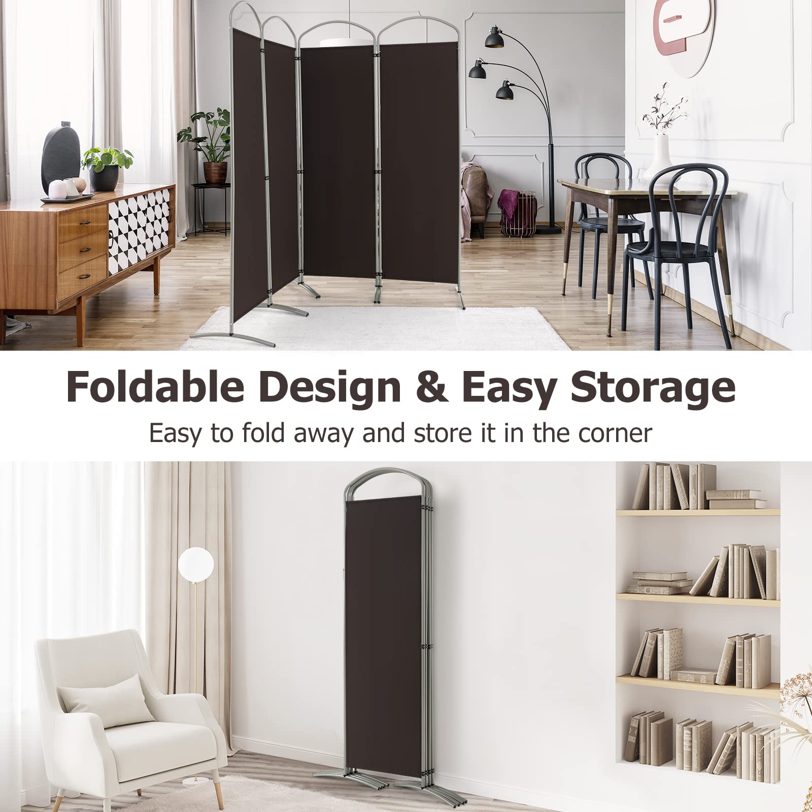 GOPLUS Paravent Pliable à 4 Panneaux, Brise Vue Intérieure et Extérieure avec Support en Métal,Paravent de Chambre Retractable 221 x 188 CM, pour Salon, Chambre, Bureau (Marron)