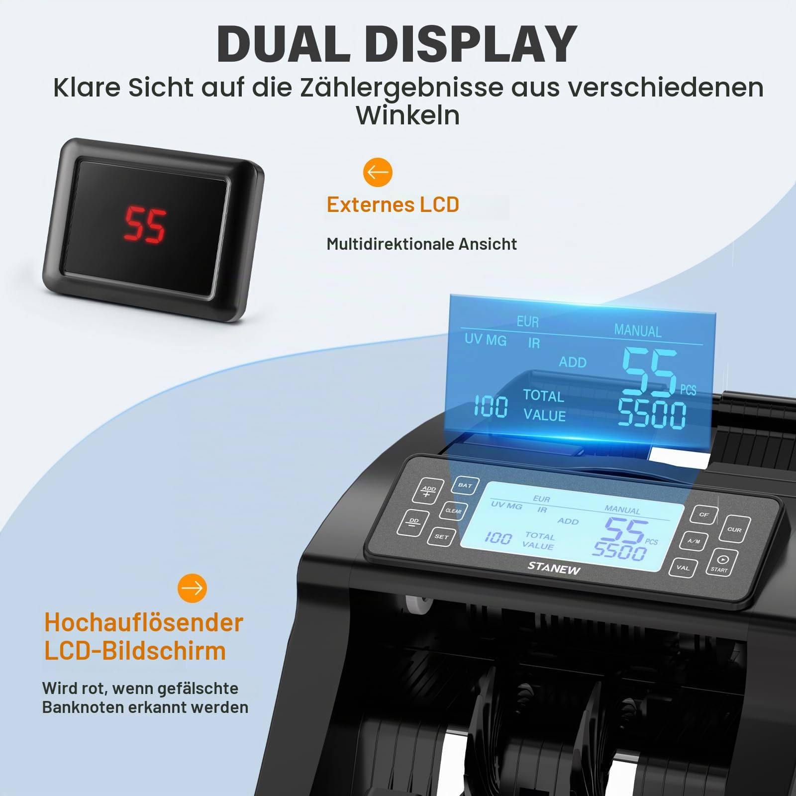 Geldzählmaschine,Zählmodi nach Bündel und Schnitten, professioneller Geldscheinzähler Euro, STANEW,UV/MG/IR, Geschwindigkeit >1000 Stück/min, EUR/USD/GBP, tragbarer Geldzähler mit Affich