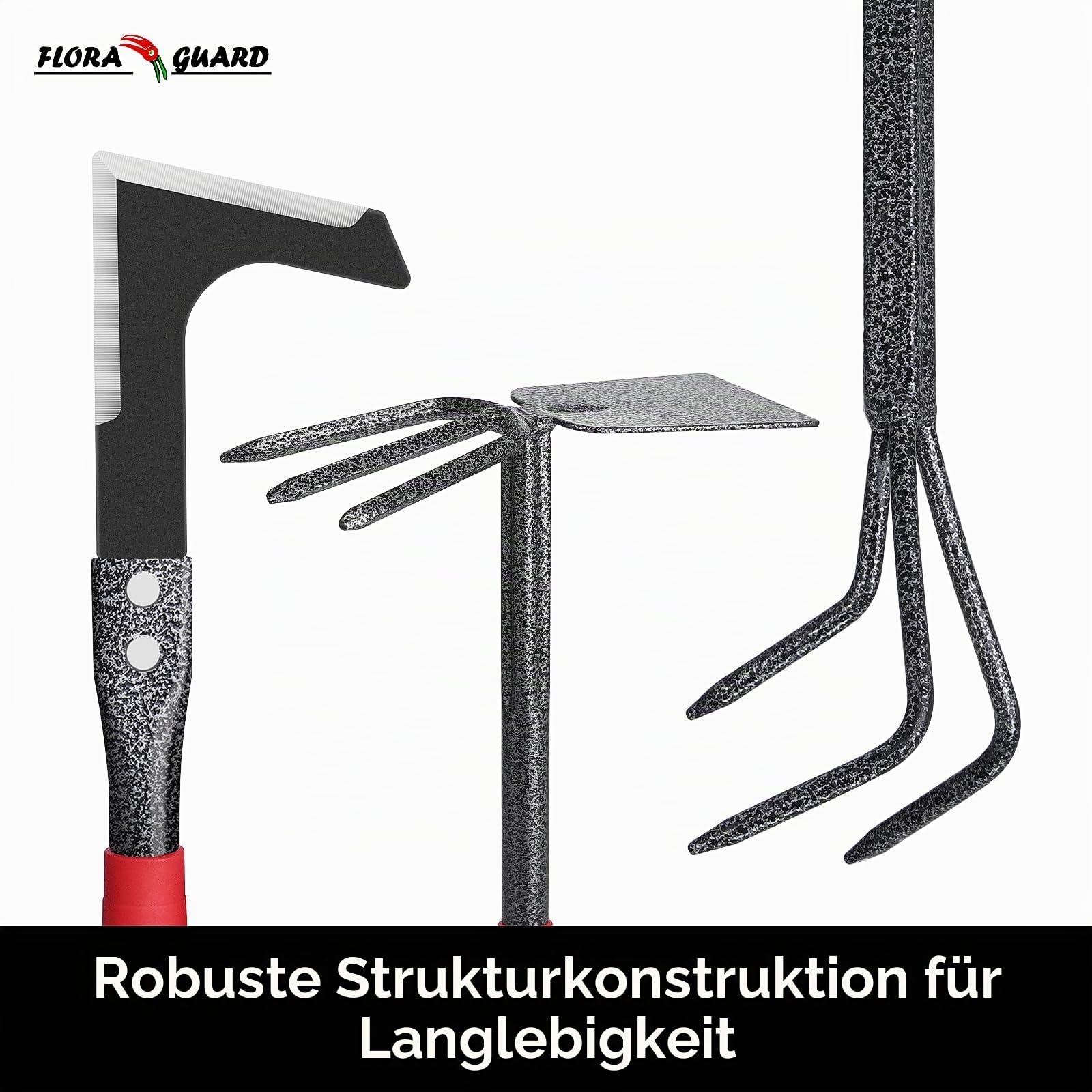 FLORA GUARD 6-teiliges Gartenwerkzeug Set, Gartengeräte Set mit Unkrautstecher, Kelle, Handrechen, Hacke & Kultivator aus Kohlenstoffstahl, Garten Handwerkzeug Set für Pflanzenpflege und Bodenarbeit