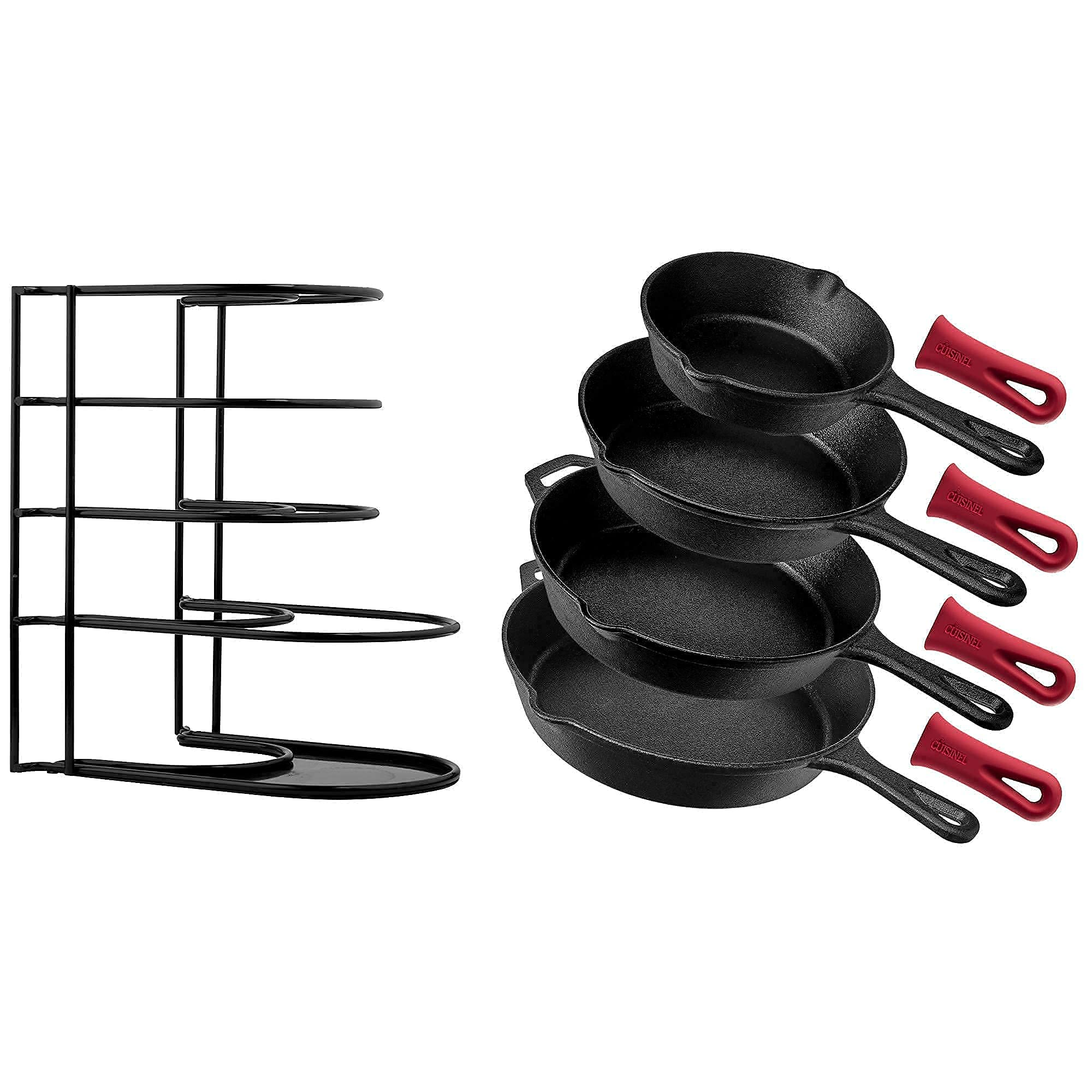 Cast Iron Skillet Set - 4-Piece: 6" + 8" + 10" + 12"-Inch + Heavy Duty Pan Organizer + 4 Silicone Holder Covers - Pre-seasoned Oven Safe Cookware - 5-Tier Frypan Rack - Holds Cast Iron up to 50 Pounds