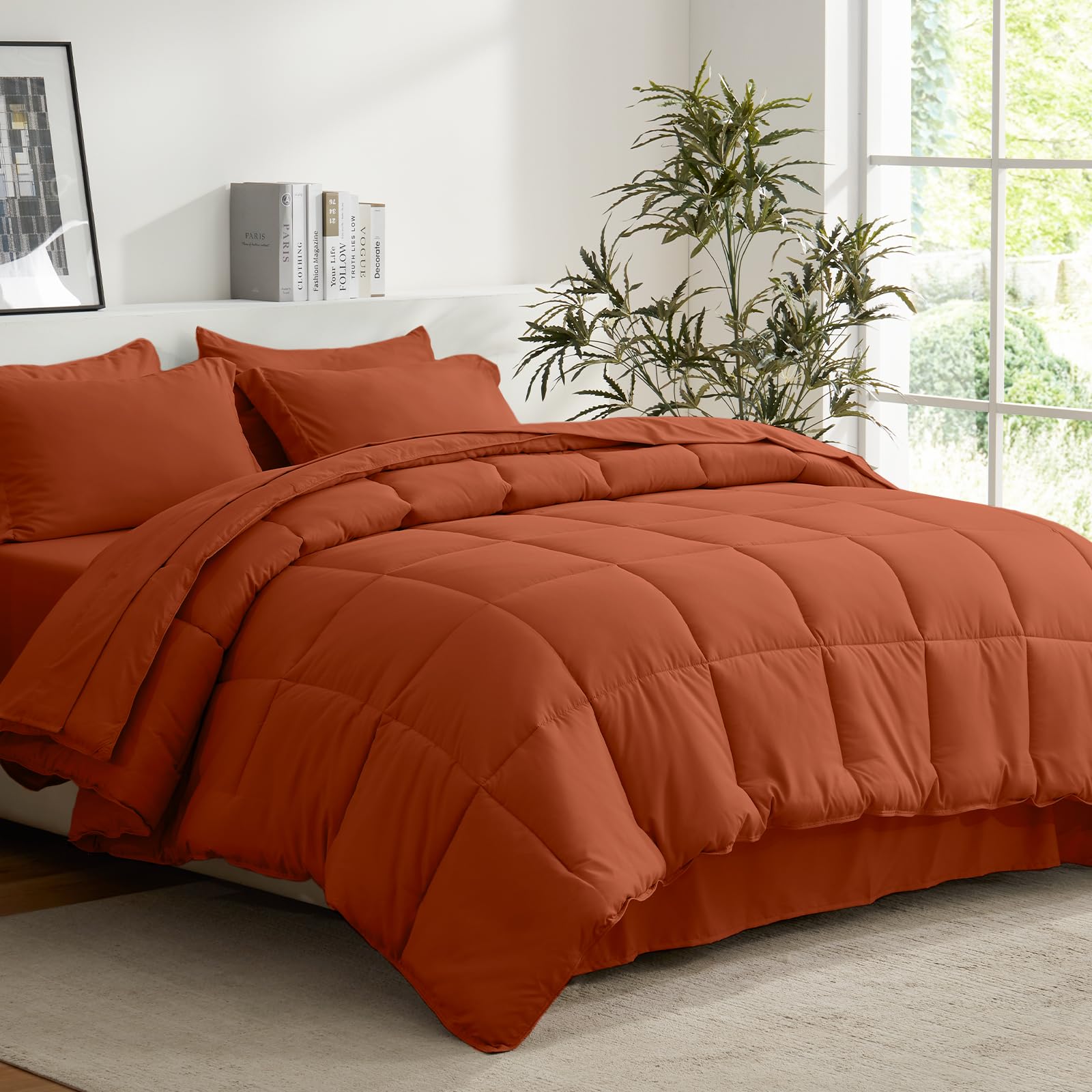 COZYART Queen Comforter Set 7 Pcs, Burnt Orange Bed in a Bag, All Season Lightweight Soft Reversible Bedding Set, 1 Comforter, 1 Flat Sheet, 1 Fitted