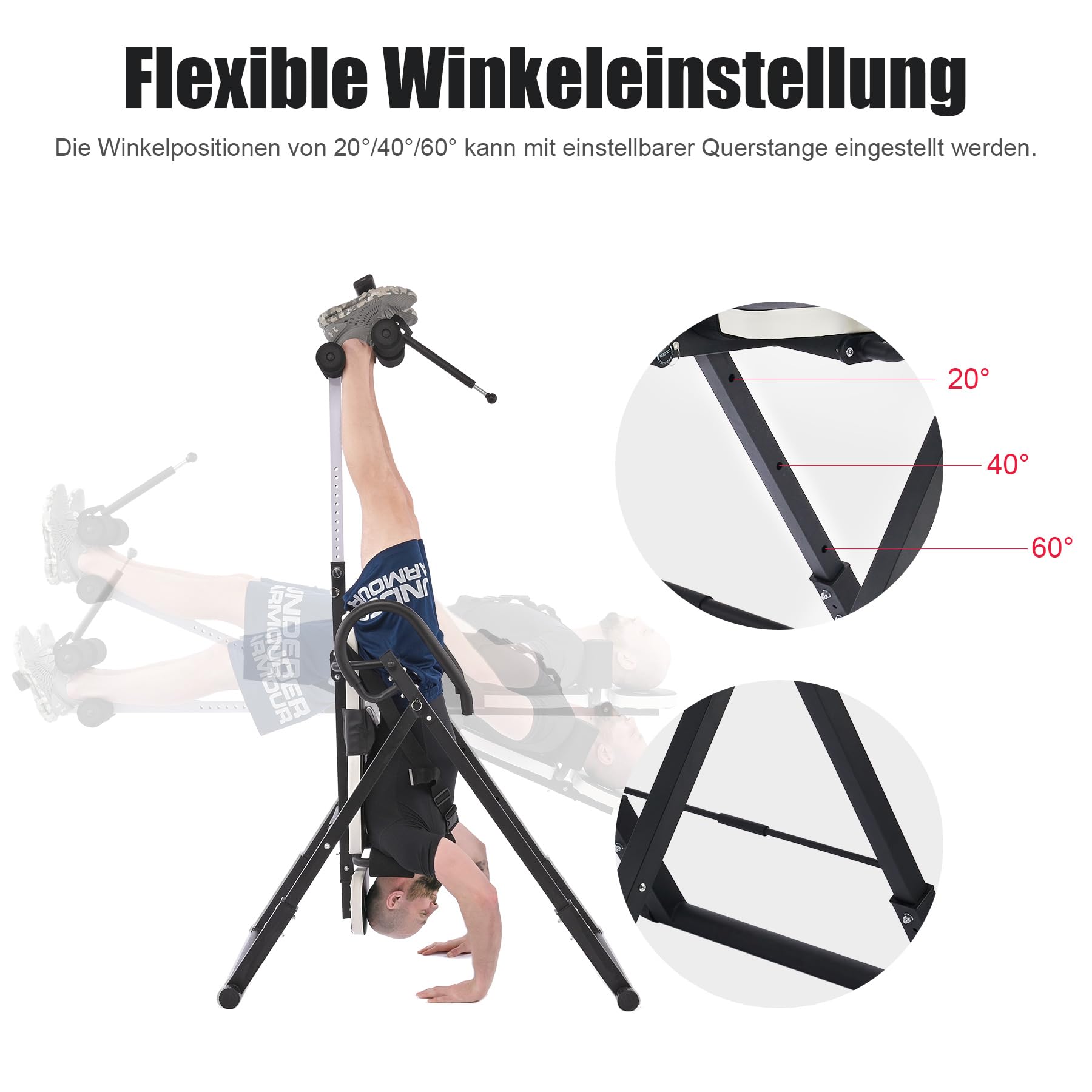 ZELUS Inversionsbank Klappbar Inversionstisch mit Verstellbarer Kopfstütze Schwerkrafttrainer mit 4 Inversionswinkeln 150 kg Bauchtrainer