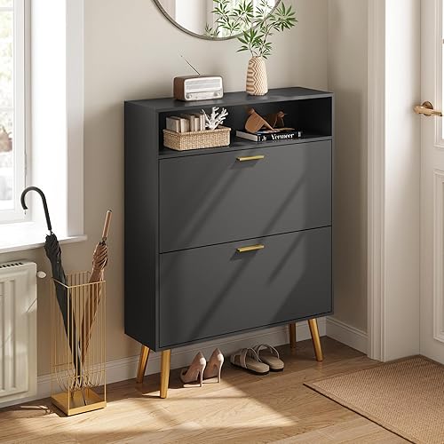 Miniatura 3 de Zapatero para entrada, armario de almacenamiento de zapatos negro con 2 puertas abatibles y estante, armario estrecho oculto para entrada delgado,