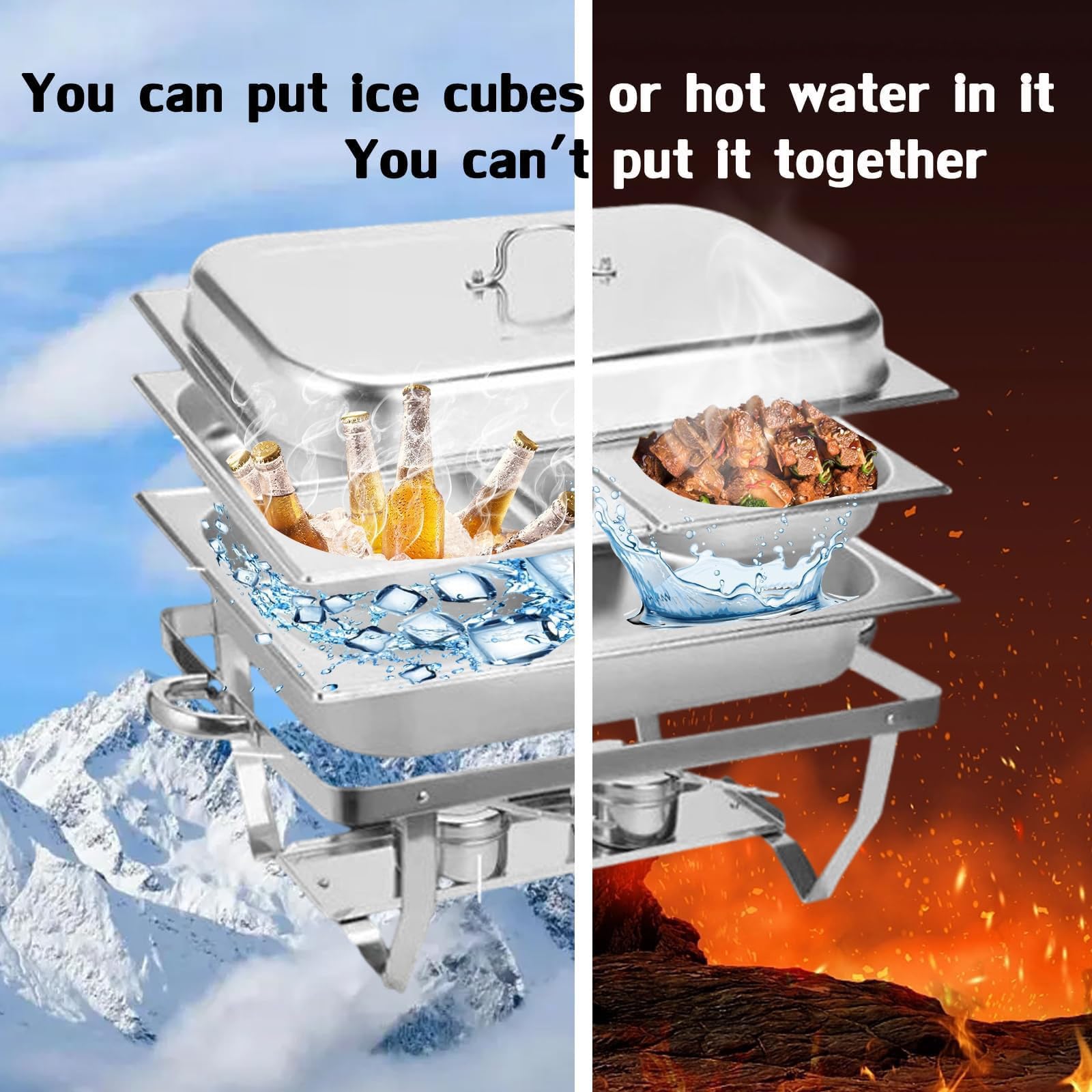 Juego de Buffet con Fiambrera de Acero Inoxidable de 11L, Contenedor para Calentar Agua y Comida con Cuenco, Tapa y Estufa de Alcohol, para Uso en Buffet, Banquete, Boda, Cena y Fi 2-Compartment, 11L