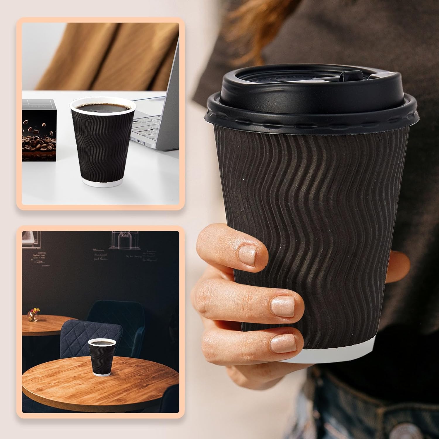 12 oz Coffee Cups with Lids, 60 Pack Insulated Corrugated Paper Cups, Disposable Coffee Cups for Water, Juice, Coffee (Black 12 oz) - Image 5