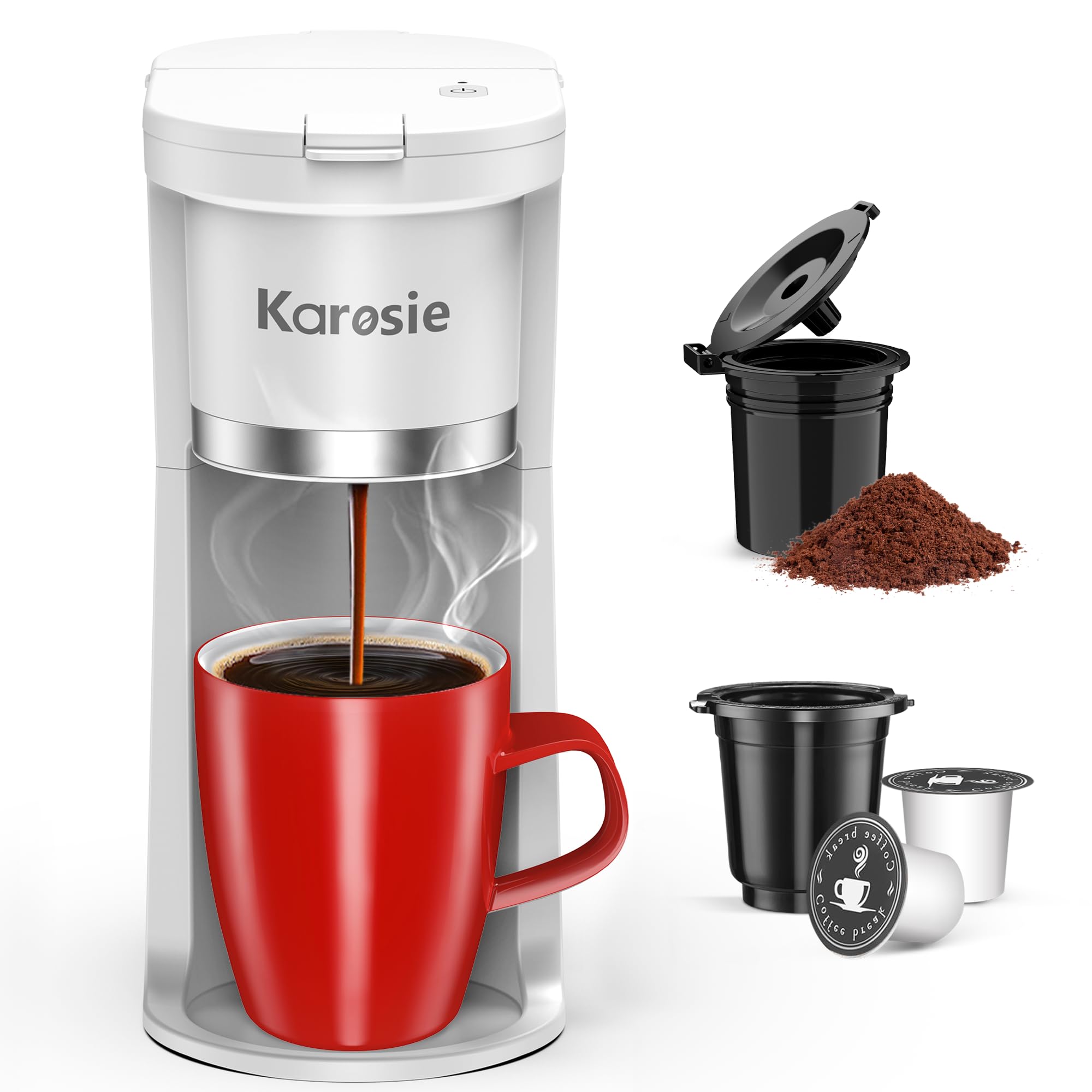 Photo 1 of Karosie Small Single Serve Coffee Maker, Fast Brew for K-Cup & Ground Coffee, 6-12 Oz Brew Sizes, One-Button Single Cup Coffee Maker, Coffee Machine with Descaling Reminder,White,9.45 Inches
