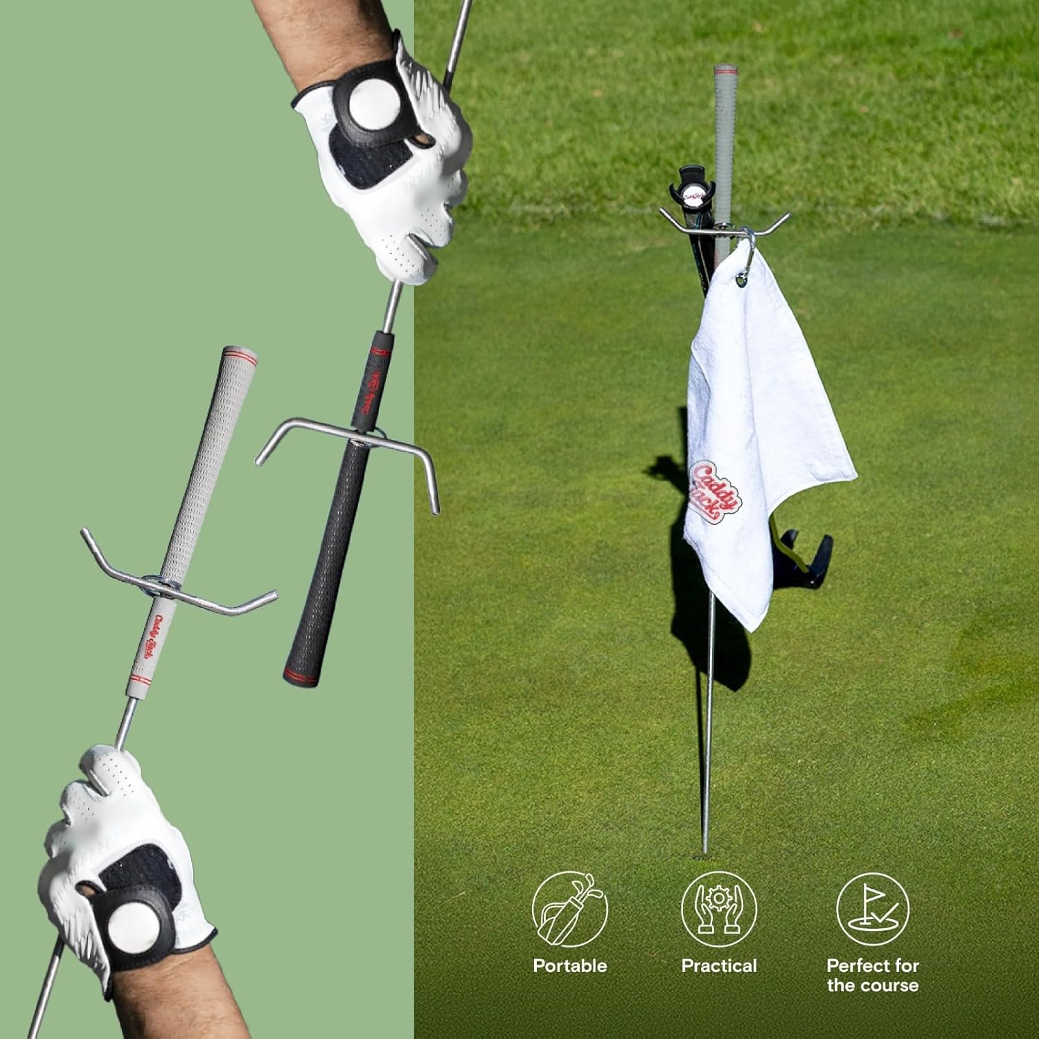 Golf Club Stand & Accessories | Designed to Minimize Bending on the Course | Multi-Club Holder, Ball Pick-Up Cap, Towel, Carabiner & Marker | Made in USA