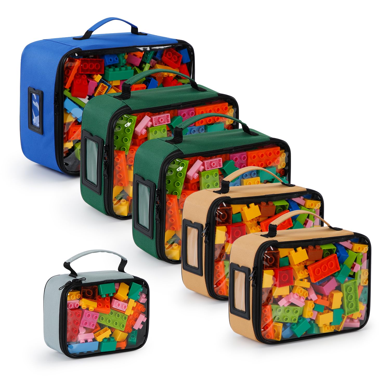 6 Stück Transparente Spielzeug Aufbewahrung mit Anleitung Beutel und Tag-Tasche, 4 Größen | Reisespielzeug-Organizer für Lego, Spielzeugautos, Puzzles,Blöcke (Naturtöne)