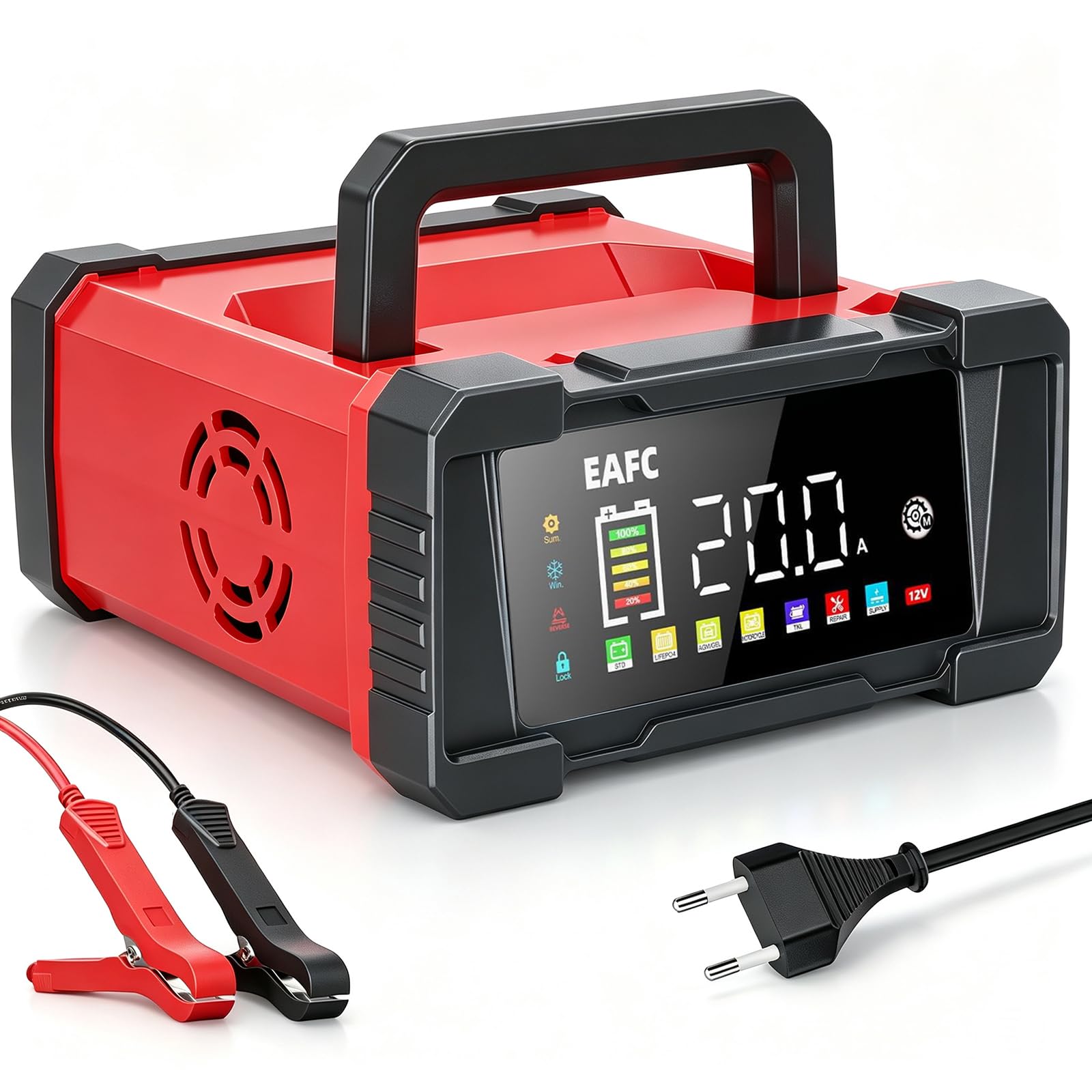 Caricabatterie portatile da 20 A, 12 V/24 V, ricarica a 9 livelli, modalità di riparazione, caricabatterie per STD, AGM, EFB, gel, SLA, LiFePO4, veicoli a motore, moto